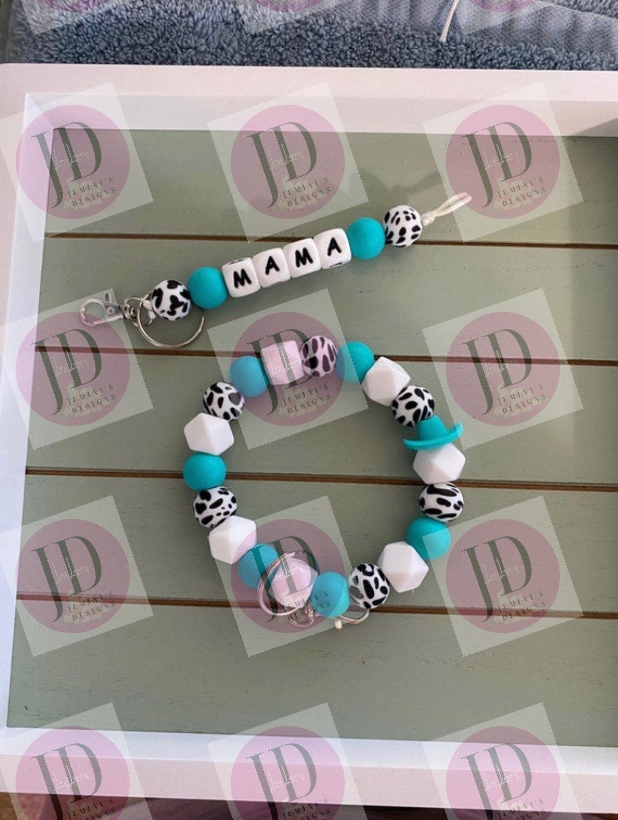 Beaded Bangle teal cow print Keychain/ mama Keychain or both /beaded Bangle for her/teal wristlet/bangle pair