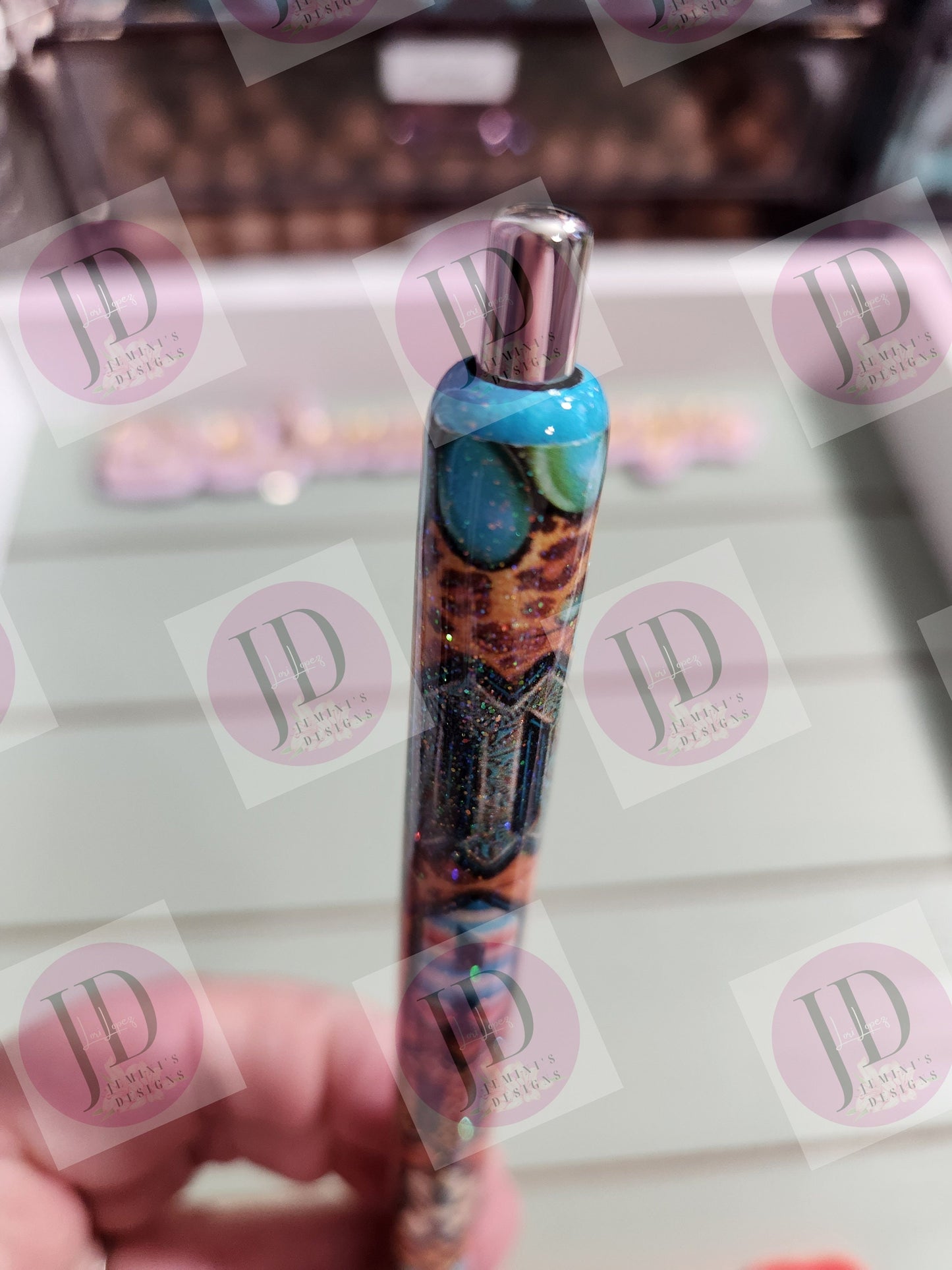 Mama western turquoise/leopard cow pen wrap Glitter pen, pen wrap with Lots of vibrant colors sparkle.   Gorgeous glitter pen