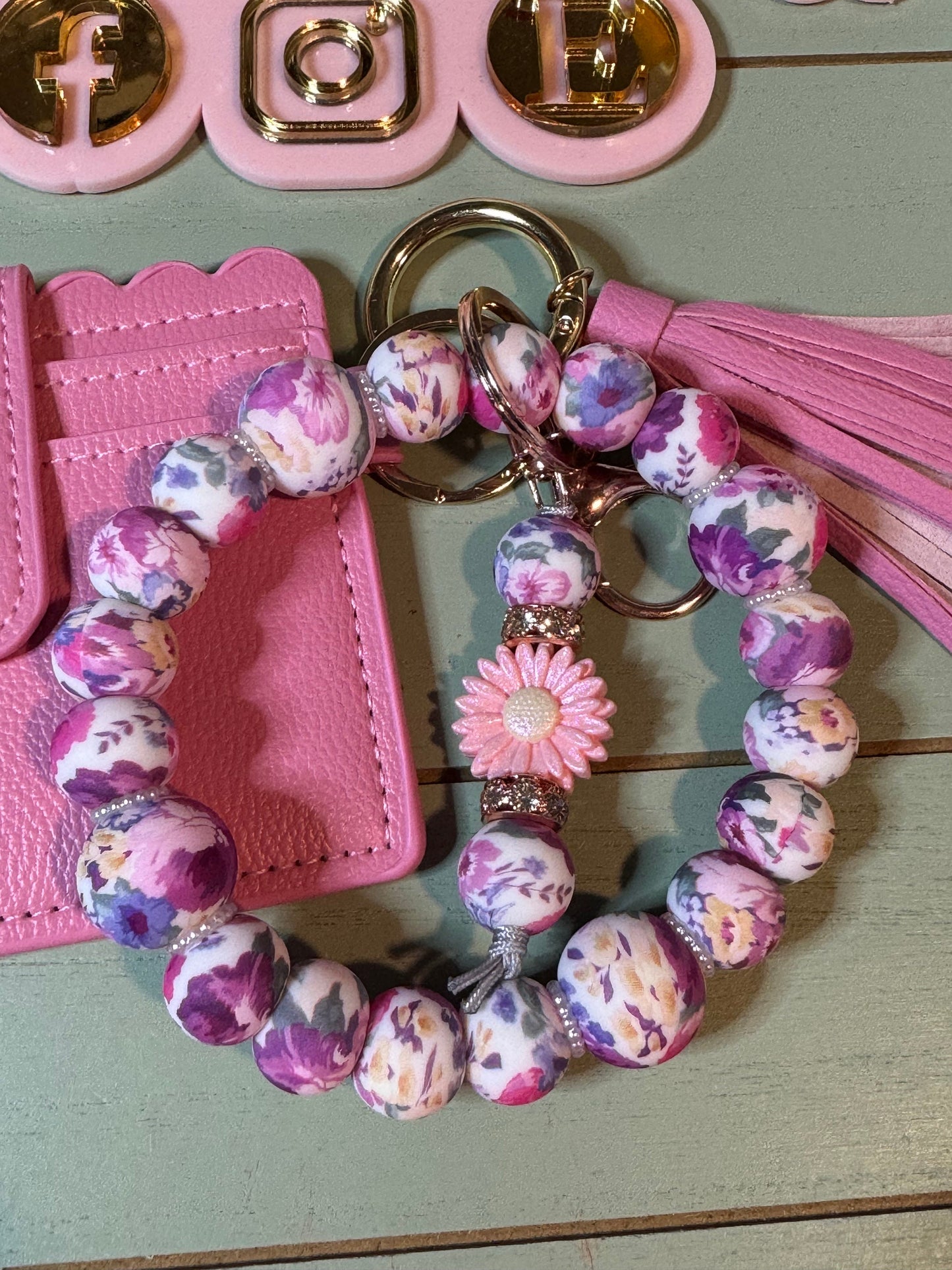 Beaded Bangle pink/ purple floral beaded Bangle for her with wallet/Pink flower Keychain/  bangle bracelet and wallet combo