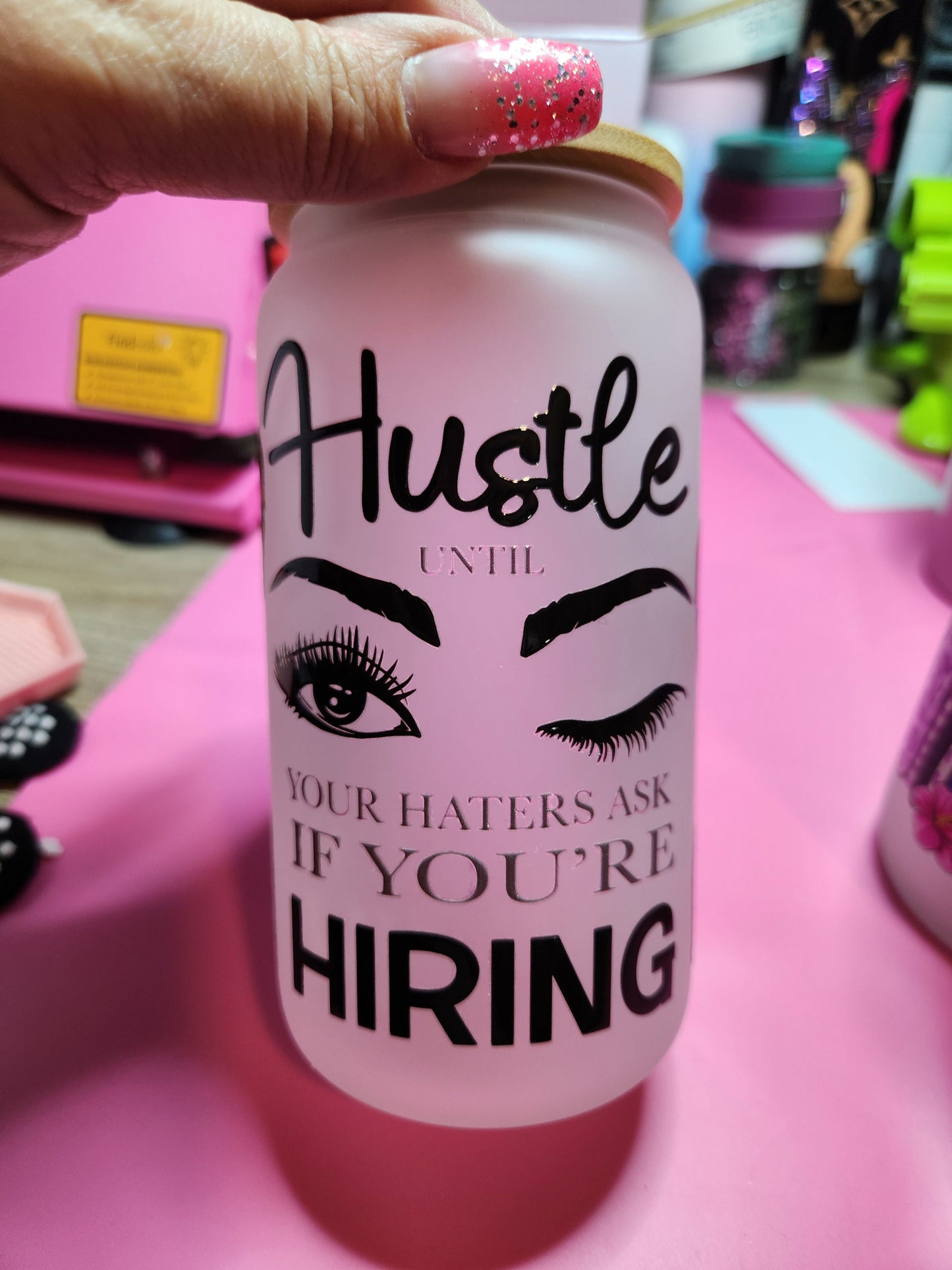 Hustle till they ask if your hiring.   Leopard & face uvdtf decal, remand leopard print hustle glass can.  16oz frosted glass