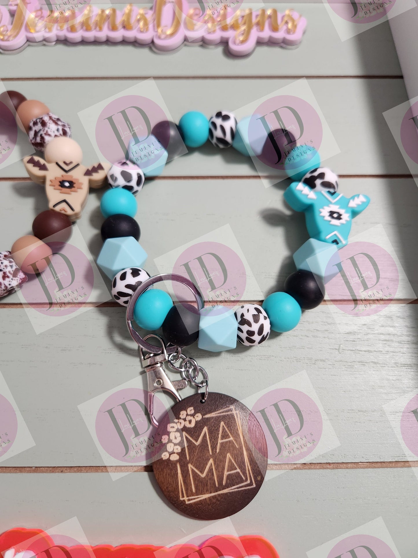 Aztec Beaded Bangle turquoise or brown Keychain/beaded Bangle for her/Aztec print cow wristlet/bangle turquoise or brown bracelet Bangle