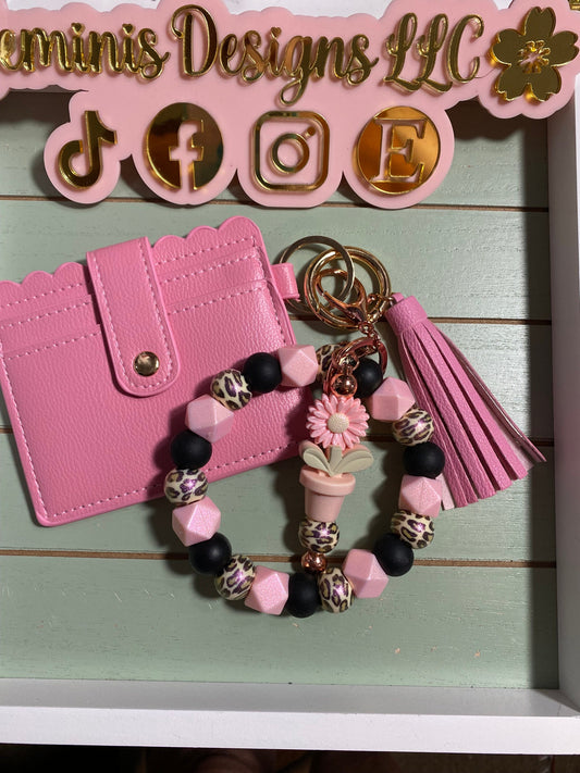 Beaded Bangle opal pink leopard /Keychain/beaded Bangle for her with wallet/Pink leopard opal Keychain/  bangle bracelet and wallet combo