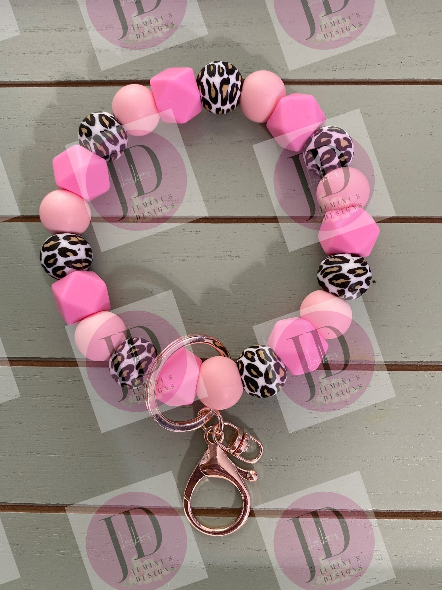 Beaded Bangle two tone/pink leopard /Keychain/beaded Bangle for her/pink Keychain/beaded leopard bangle bracelet