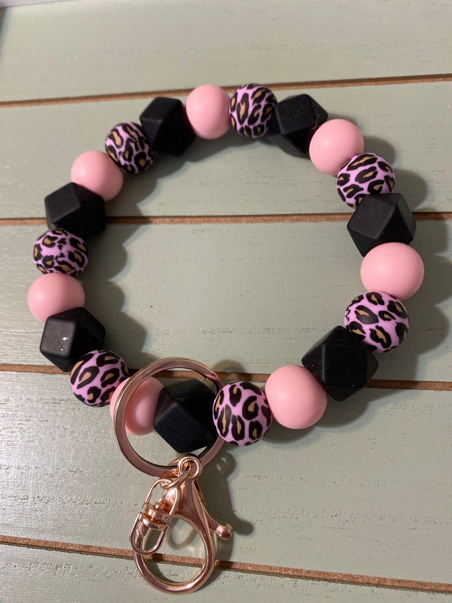 Beaded Bangle leopard pink black Keychain/beaded leopard print   Keychain/gifts for mom/anxiety beads/car accessory