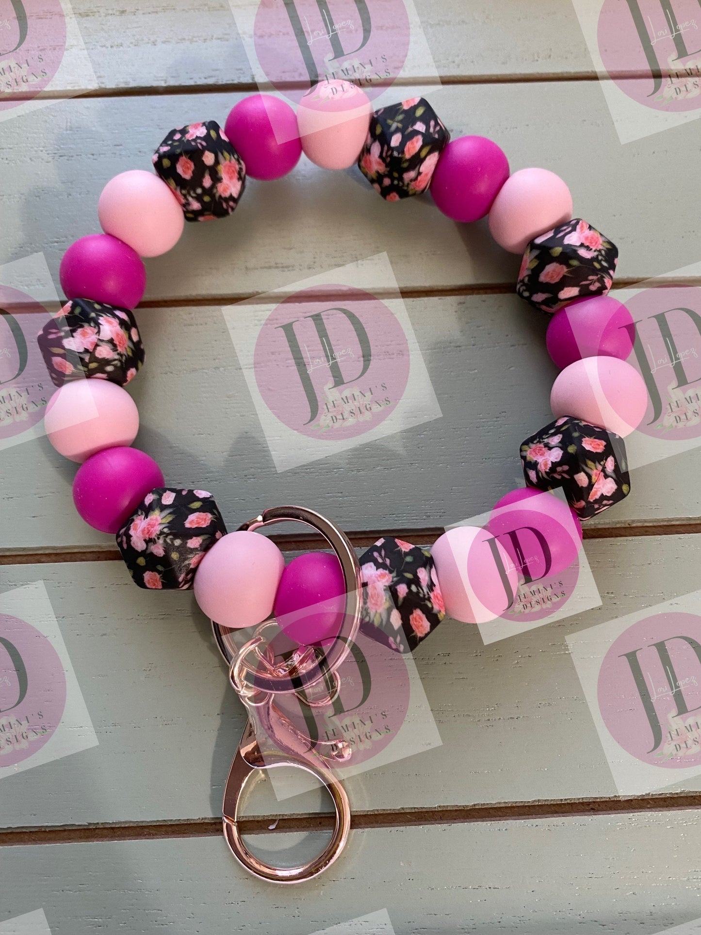 Ready to Ship Beaded Bangle floral black & pink print Keychain/beaded Bangle for her/pink floral wristlet/bangle black and pink bracelet