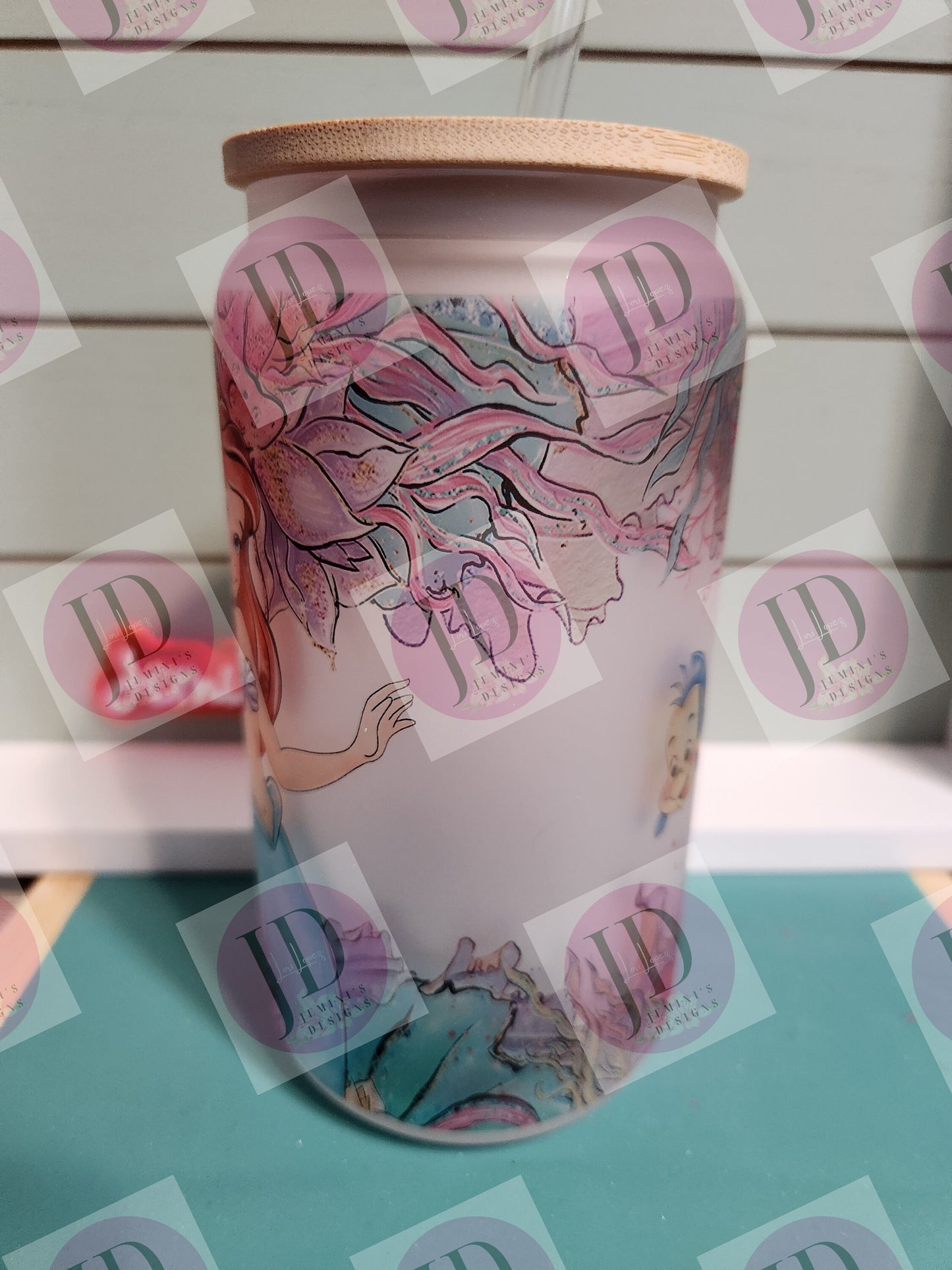 Mermaid, crab and fish tumbler, 16oz frosted glass w/ bamboo lid/under sea sublimated glass can/sublimated mermaid glass can tumbler