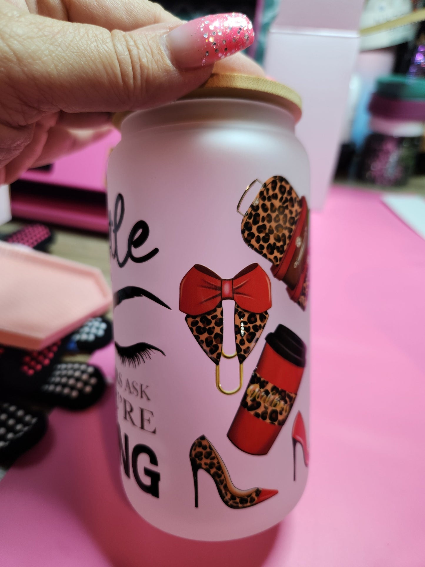 Hustle till they ask if your hiring.   Leopard & face uvdtf decal, remand leopard print hustle glass can.  16oz frosted glass