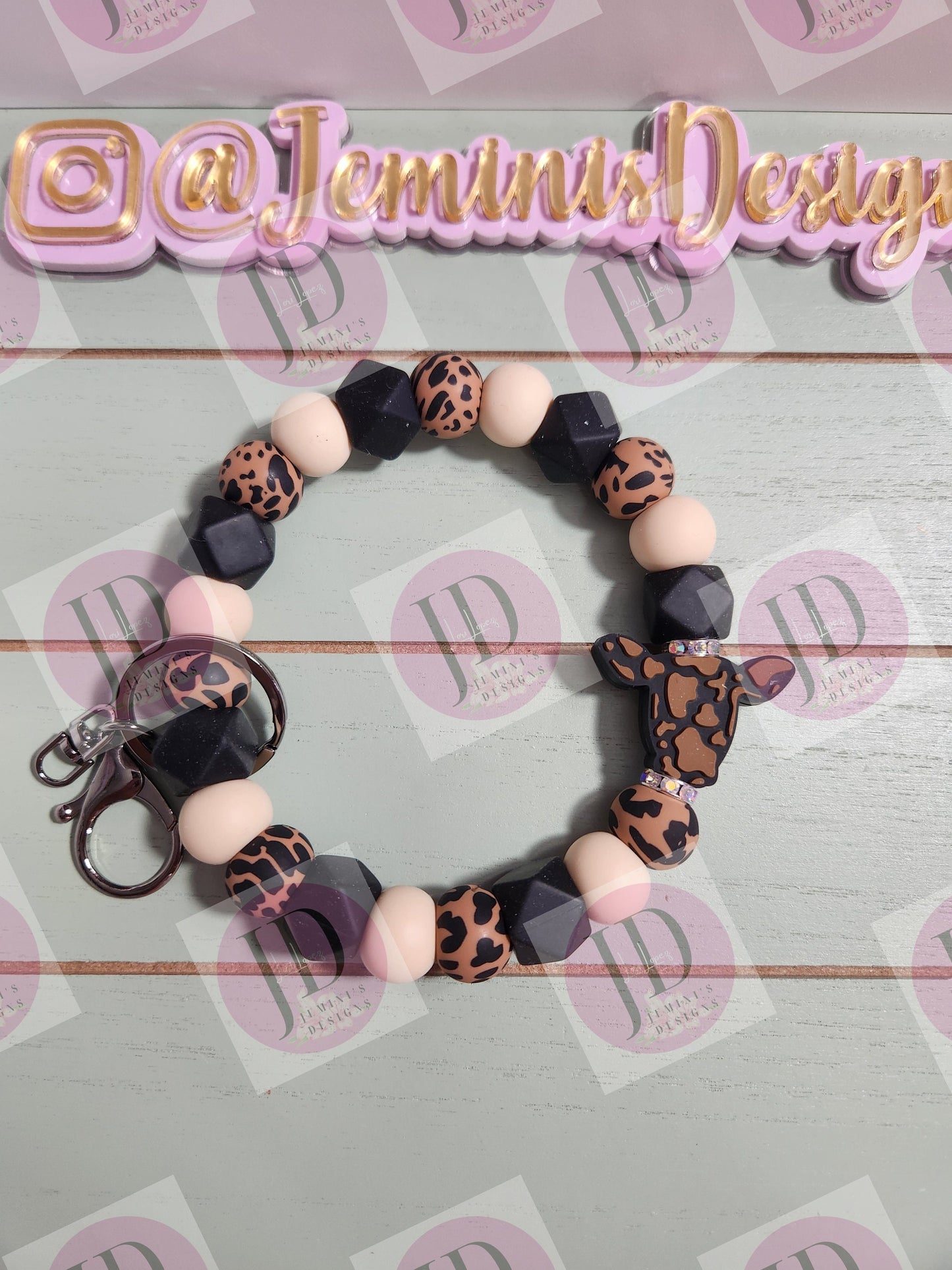 Beaded Bangle Cow head & Brown cow print beads. Keychain/beaded Bangle for her/brown cow wristlet Bangle bracelet turquoise and brown