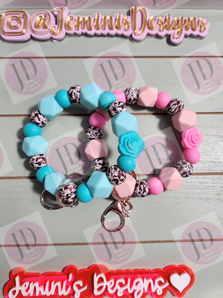 Ready to Ship Beaded Bangle brown cow & rose teal or pink cow print Keychain/beaded Bangle for her/pink or teal cow wristlet