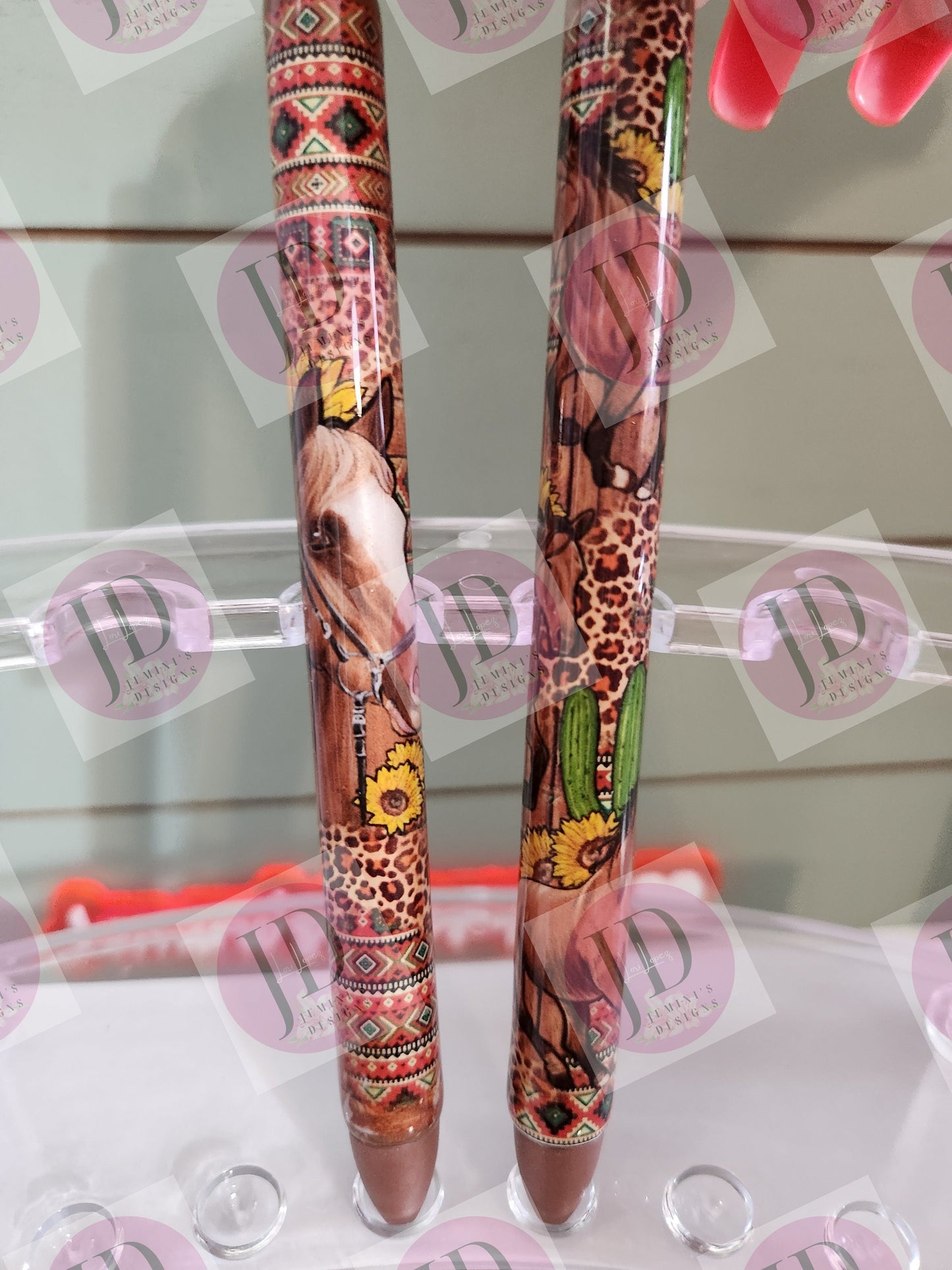 Horse & Sunflower leopard/aztec  pen wrap with Lots of vibrant colors sparkle.  Browns  yellow and reds pen wrap no glitter.  Set of two