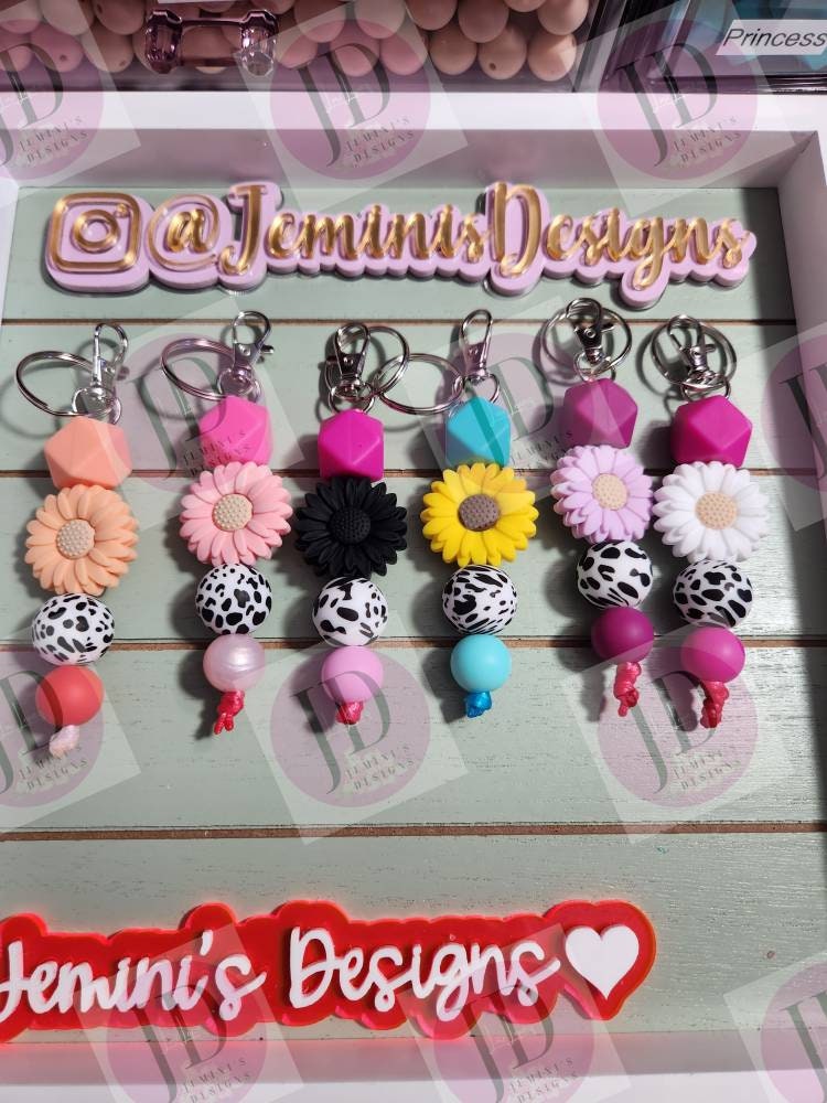 Ready to Ship Adorable Sunflower and cow beaded Keychain/beaded mini Keychain & Sunflower/cow dangle Keychain