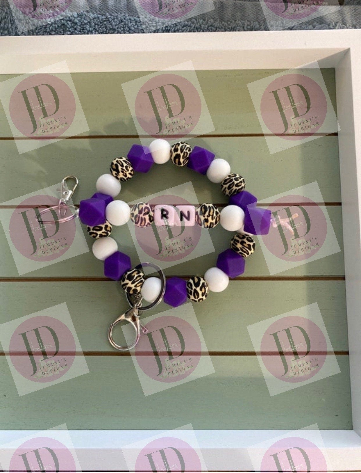 Beaded Bangle purple leopard print Keychain/ RN Keychain or both /beaded Bangle for her/purple wristlet/bangle Keychain