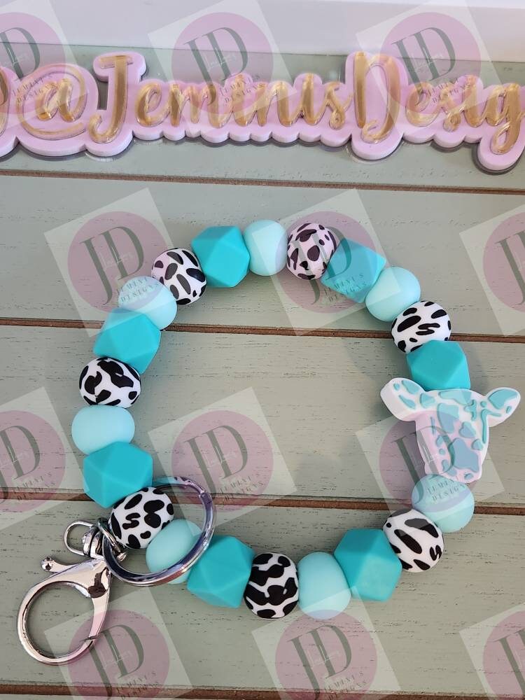 Ready to Ship Beaded Bangle Cow/ teal cow print Keychain/beaded Bangle for her/teal cow wristlet/bangle teal bracelet