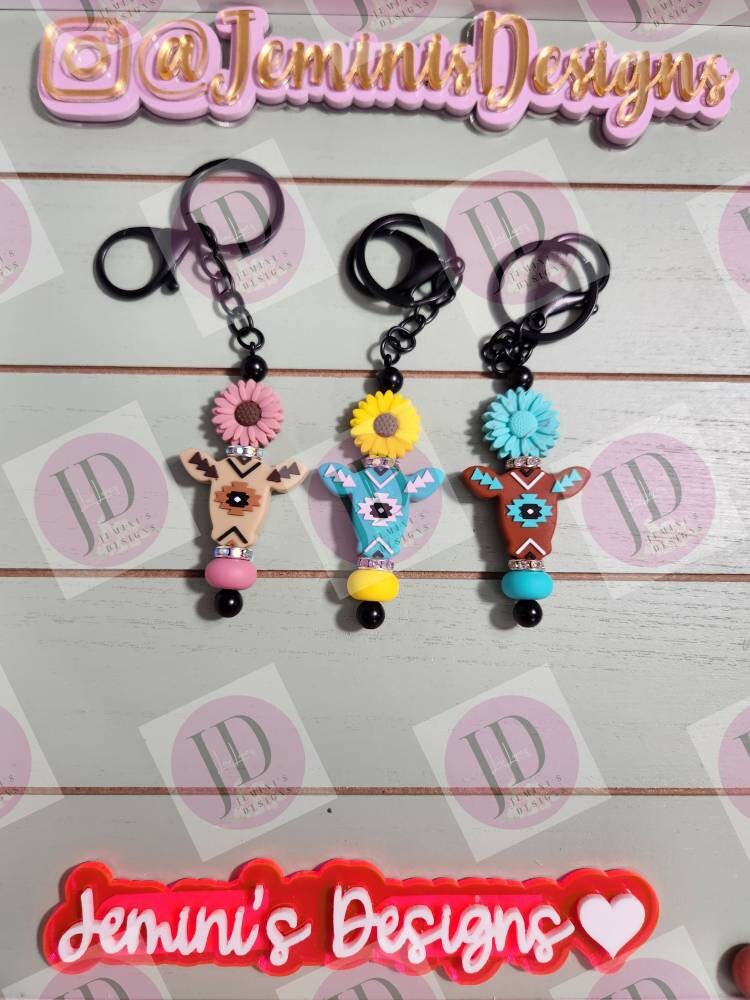 Adorable aztec cow sunfower beaded Keychain BAR/beaded mini Keychain BAR & flower/aztec cow dangle Keychain bar