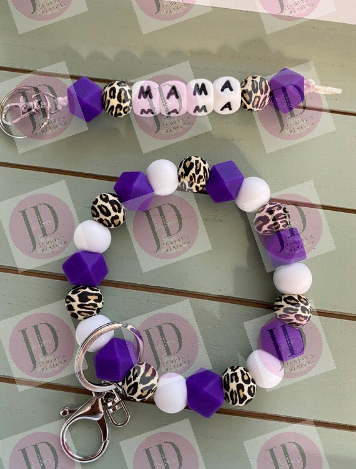 Beaded Bangle purple leopard print Keychain/ mama Keychain or both /beaded Bangle for her/purple  wristlet/bangle Keychain