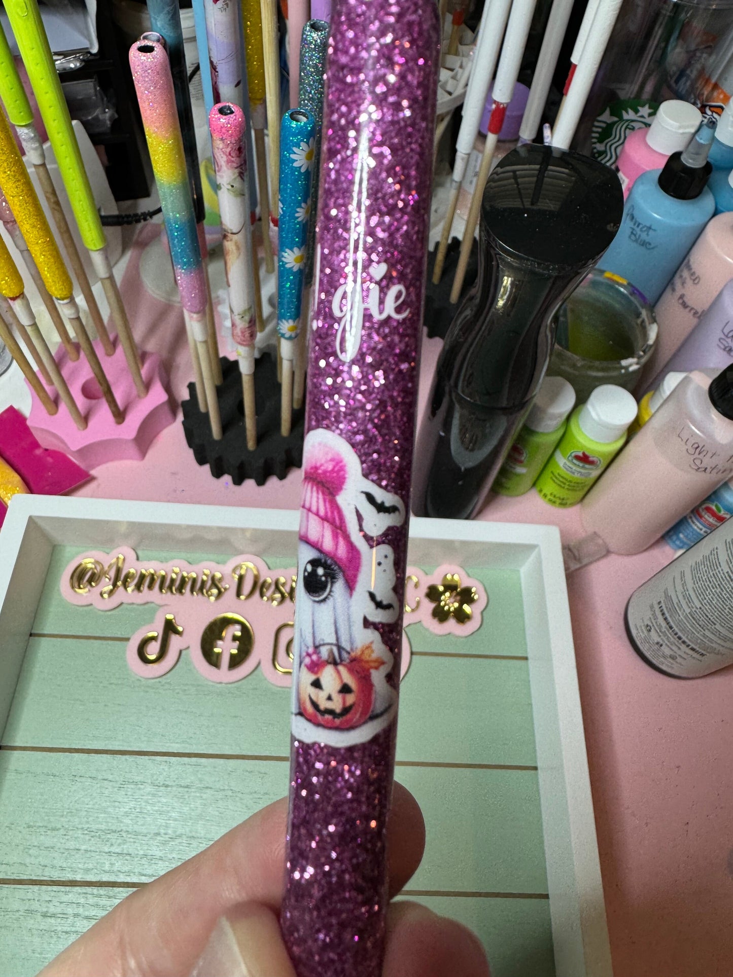 Boo! Gie ghost pen/ glitter bougie ghost pen/ Halloween ghost glitter pen/ bougie glitter pen/ pink ghost Halloween bat glitter pen