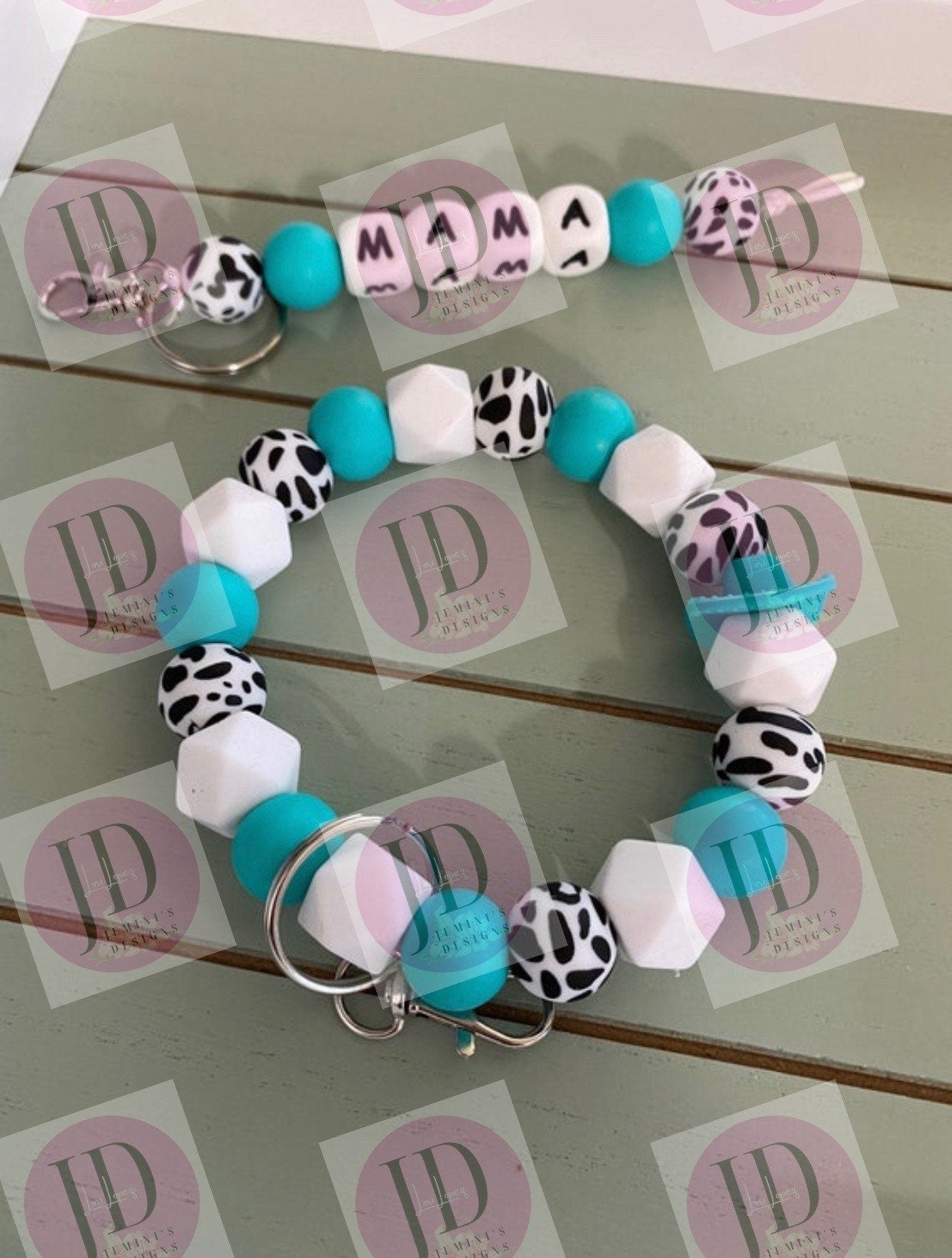 Beaded Bangle teal cow print Keychain/ mama Keychain or both /beaded Bangle for her/teal wristlet/bangle pair