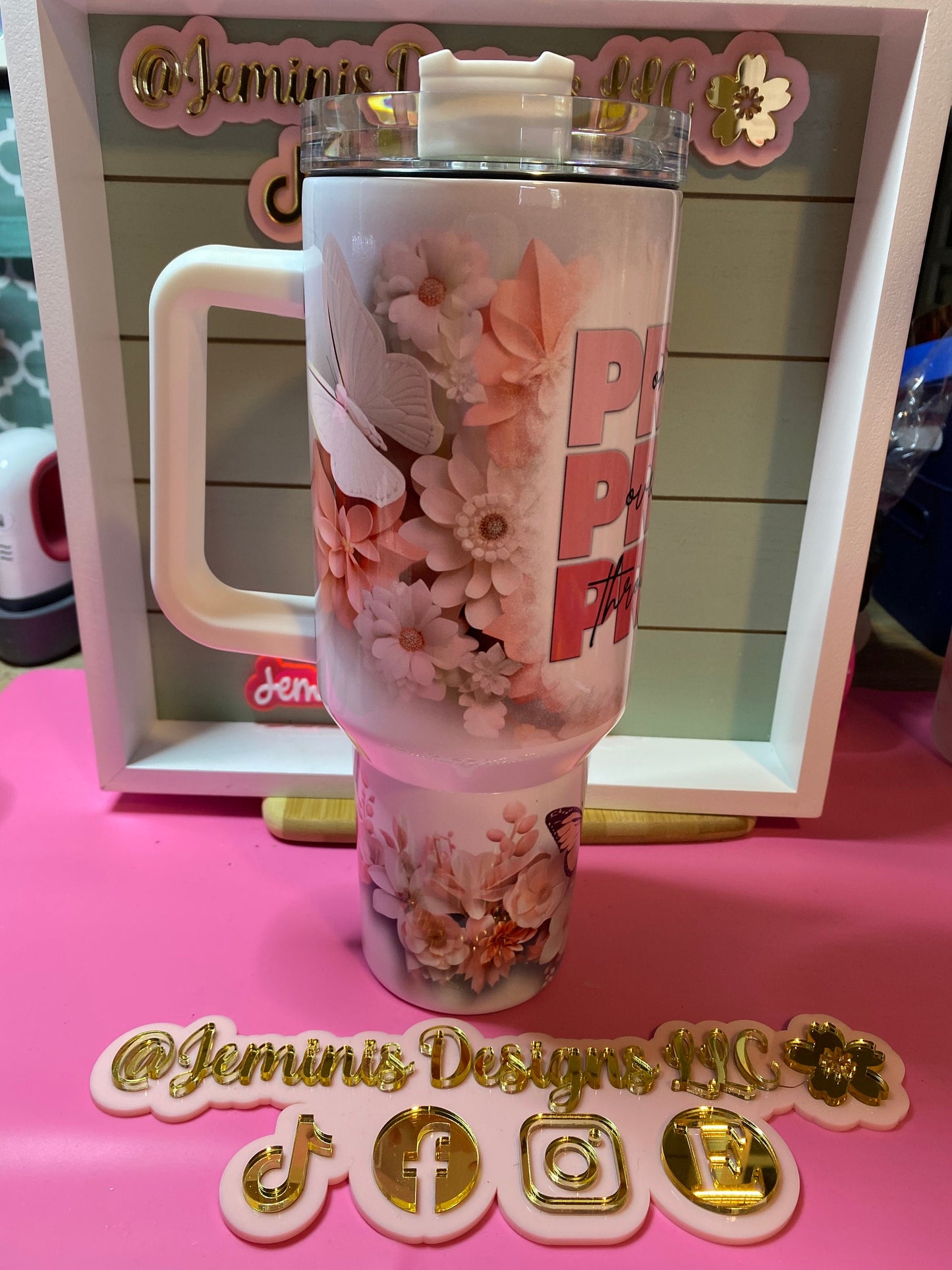 Pray on it, over it, through it 40oz sublimated SS tumbler.  Vibrant flowers and butterflies 40oz tumbler