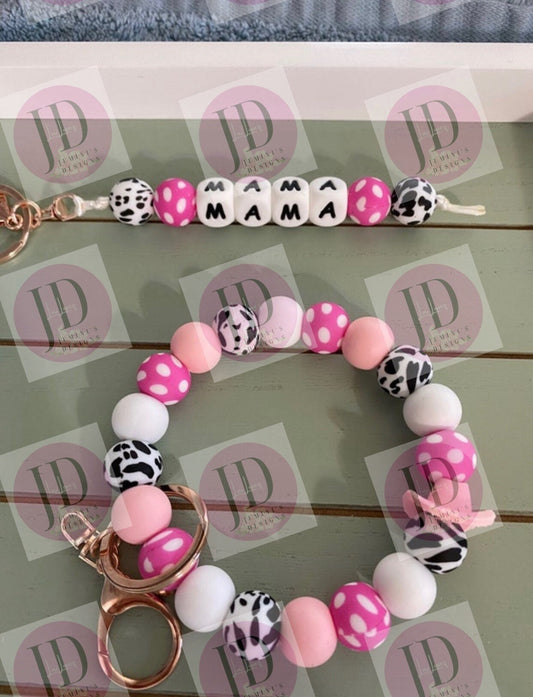 Beaded Bangle pink cow print Keychain/ mama Keychain or both /beaded Bangle for her/pink  wristlet/bangle pair