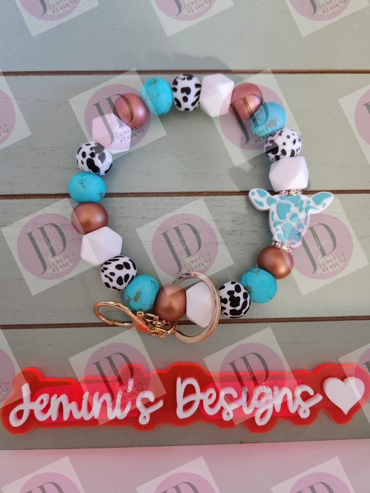 Beaded Bangle cow turquoise cow print Keychain/beaded Bangle for her/turquoise cow wristlet/bangle turquoise bracelet