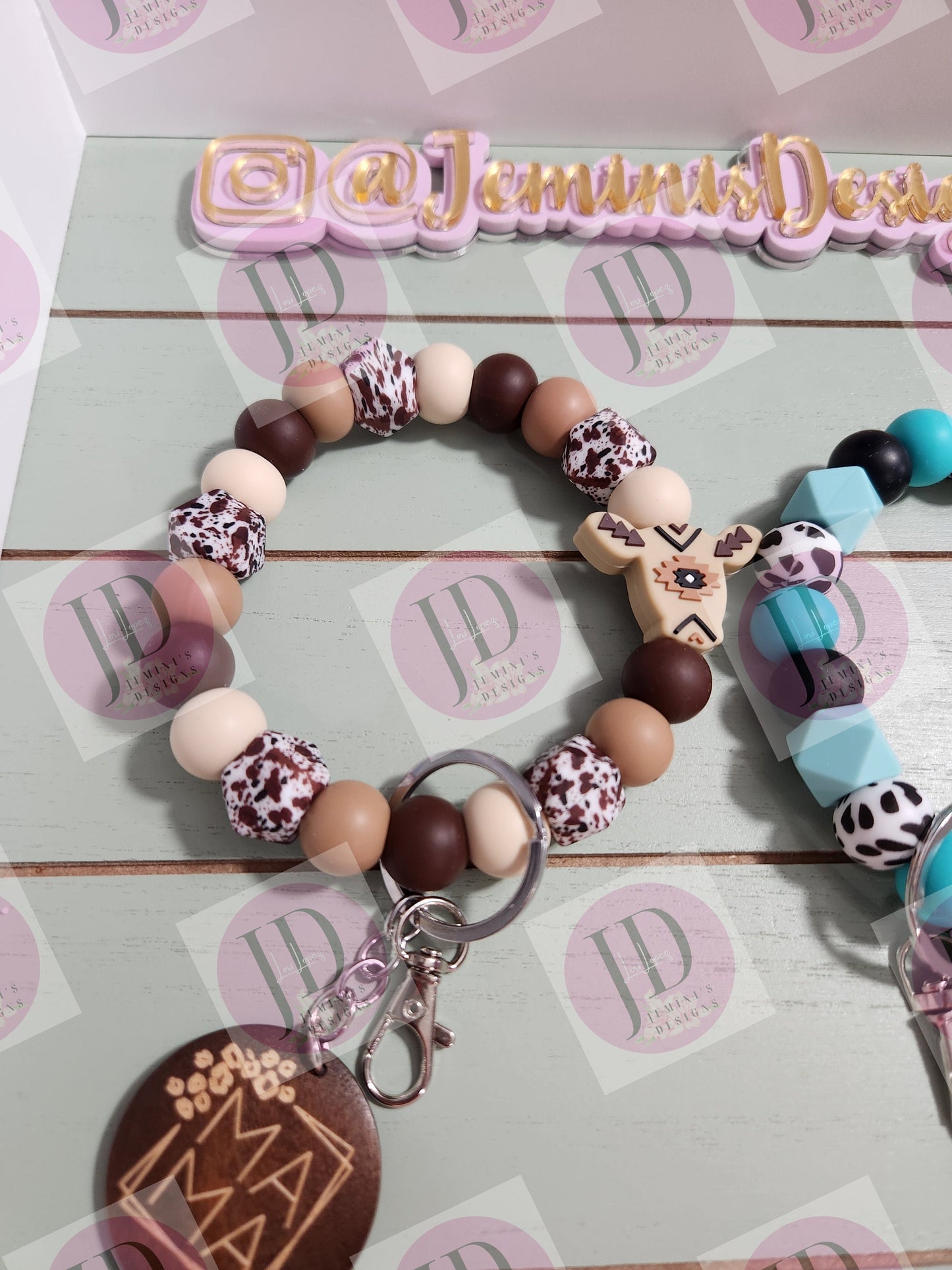 Aztec Beaded Bangle turquoise or brown Keychain/beaded Bangle for her/Aztec print cow wristlet/bangle turquoise or brown bracelet Bangle