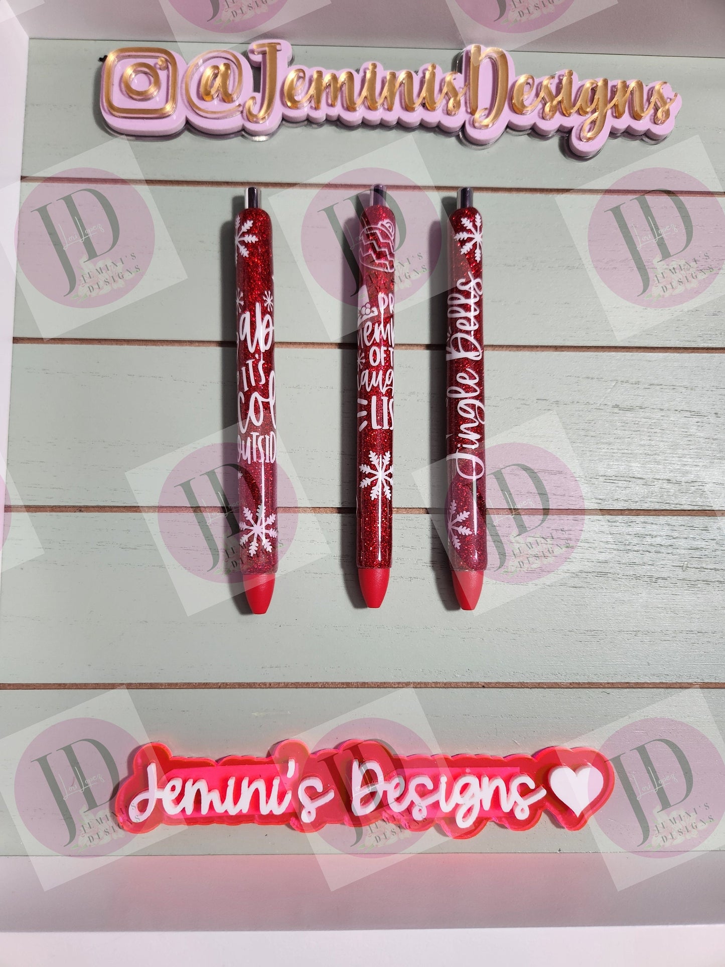 Set of 3 red glitter with white decals. Baby its cold outside/jingle bells/ proud member of the naughty list.  Glitter Gel pens/ refillable