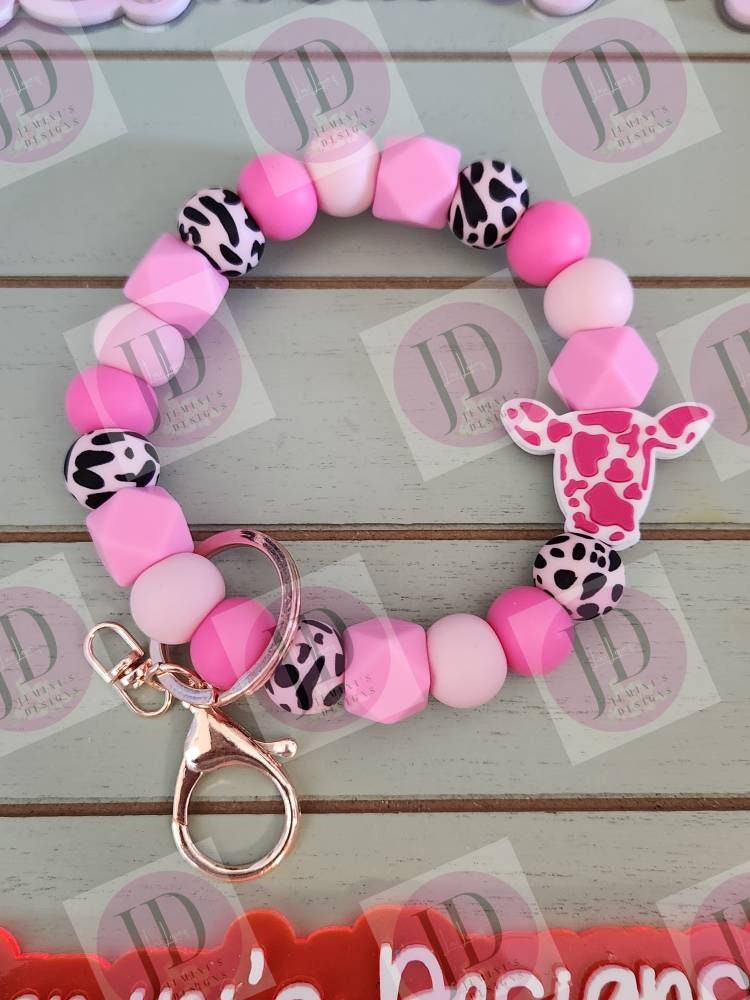 Ready to Ship Beaded Bangle Cow/ pink cow print Keychain/beaded Bangle for her/pink cow wristlet/bangle pink bracelet