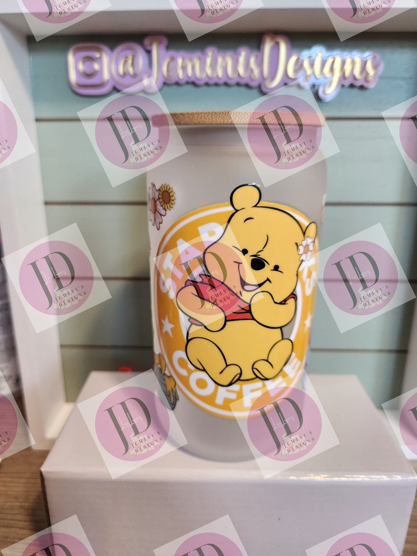 Cute bear, donkey, tiger & pig tumbler, 16oz frosted glass w/ bamboo lid/yellow bear floral bear and friends coffee glass can tumbler