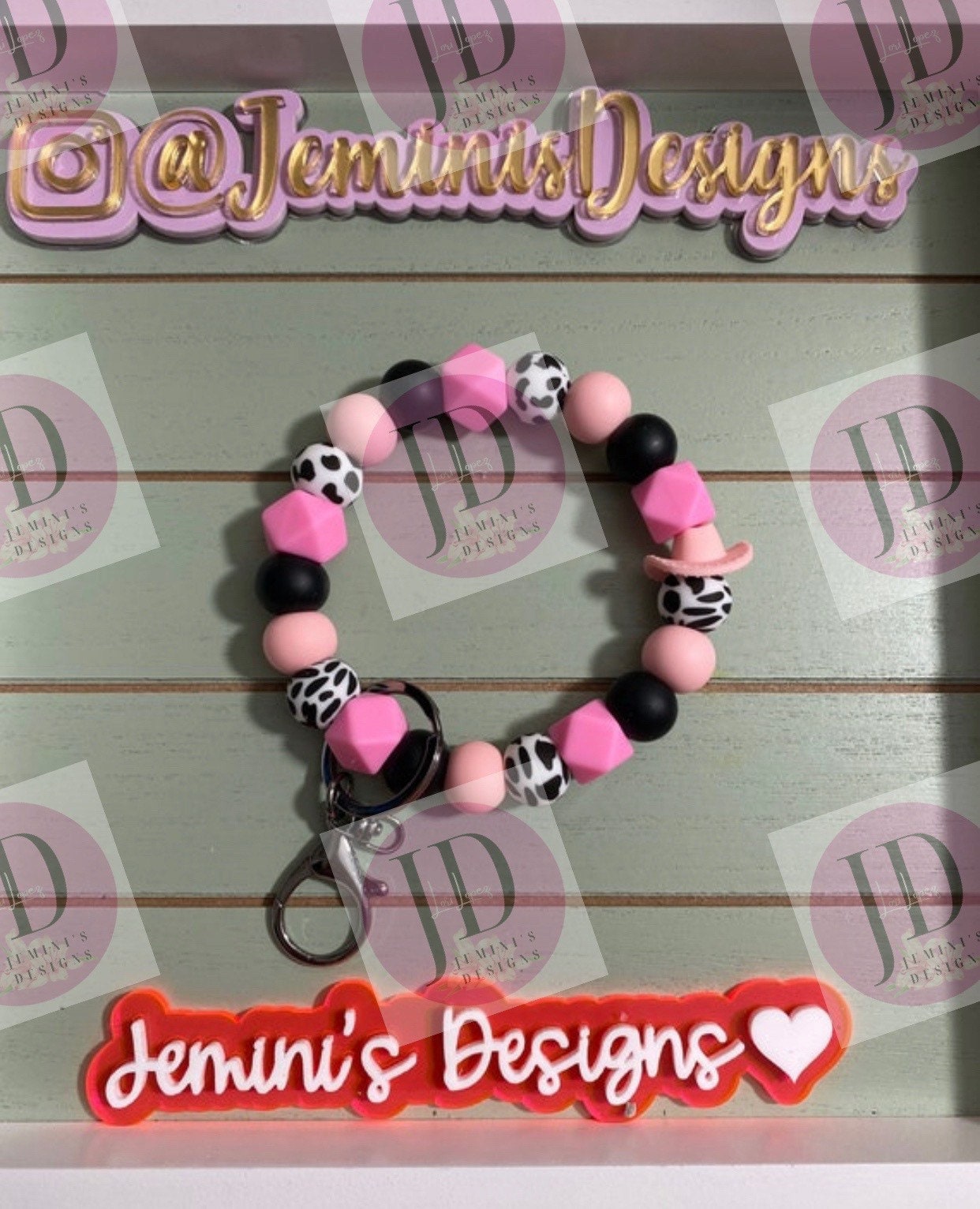 Beaded Bangle Cowboy hat black or pink cow print Keychain/beaded Bangle for her/black or pink bangle keychain wristlet