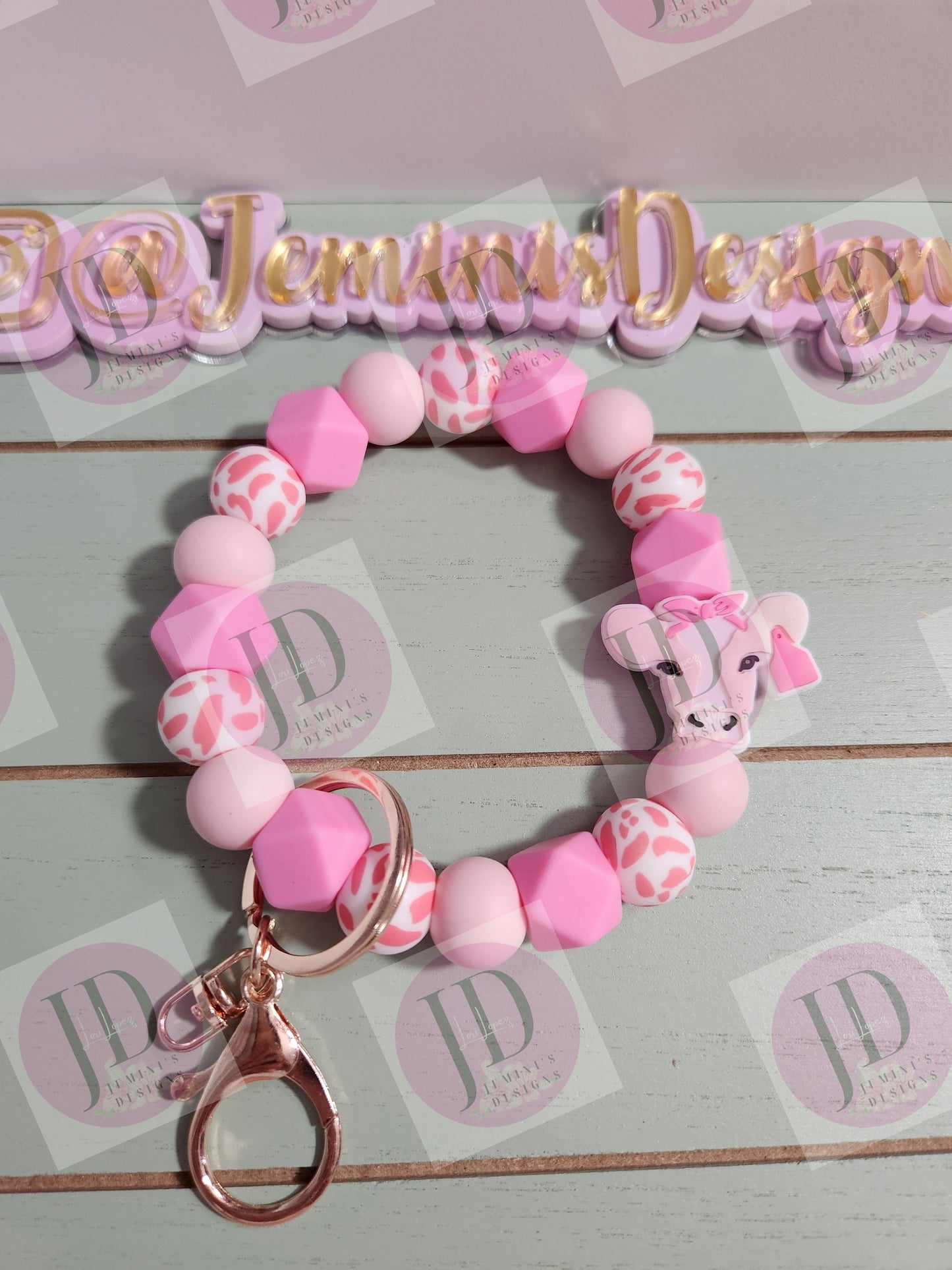 Beaded Bangle daisy cow pink cow print Keychain/beaded Bangle for her/pink cow wristlet/bangle pink bracelet