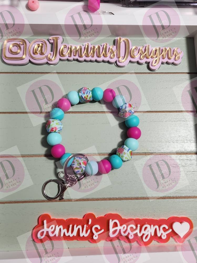 Beaded Bangle floral teal & pink print Keychain/beaded Bangle for her/teal and pink flower wristlet/bangle