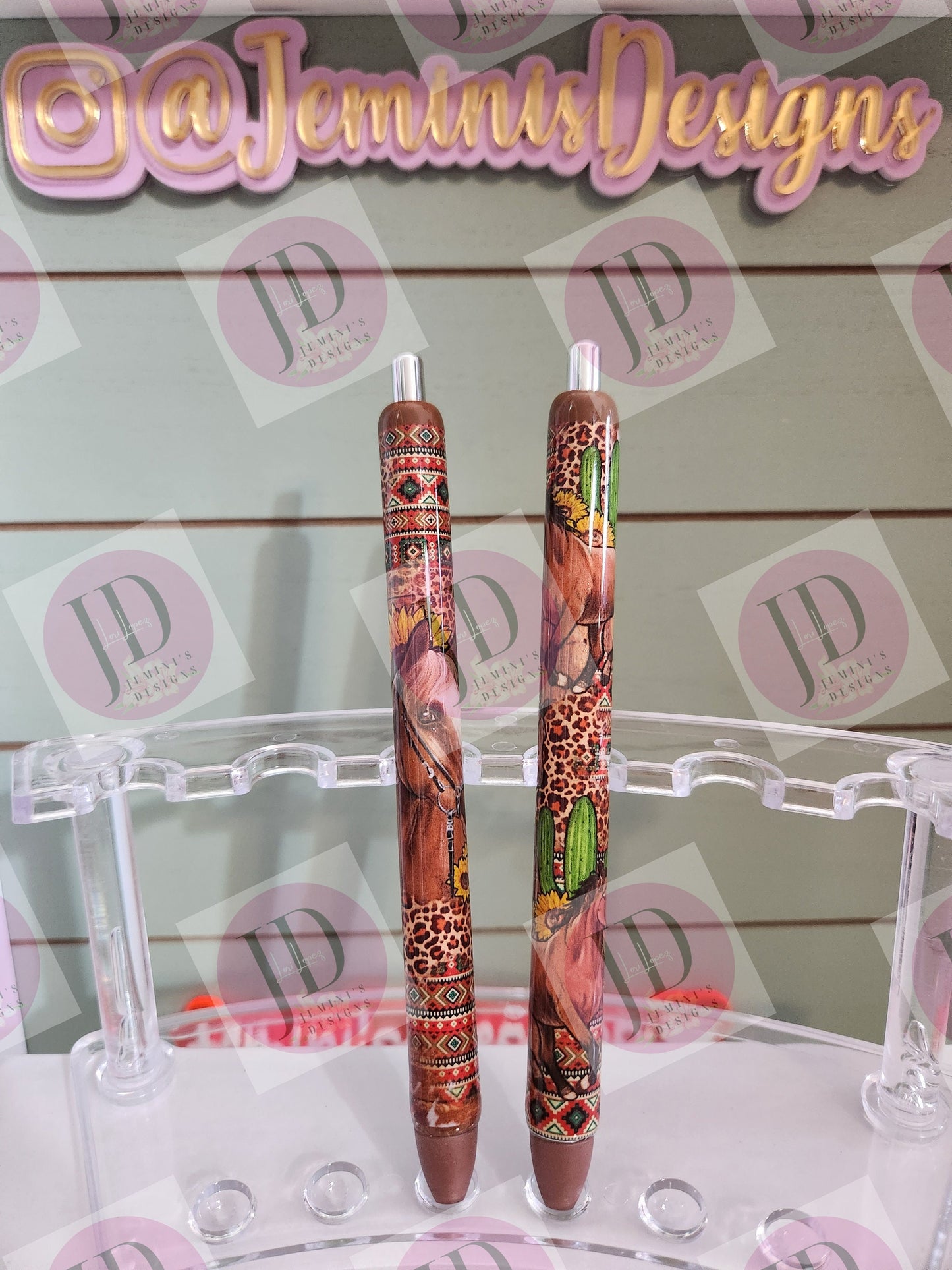 Horse & Sunflower leopard/aztec  pen wrap with Lots of vibrant colors sparkle.  Browns  yellow and reds pen wrap no glitter.  Set of two