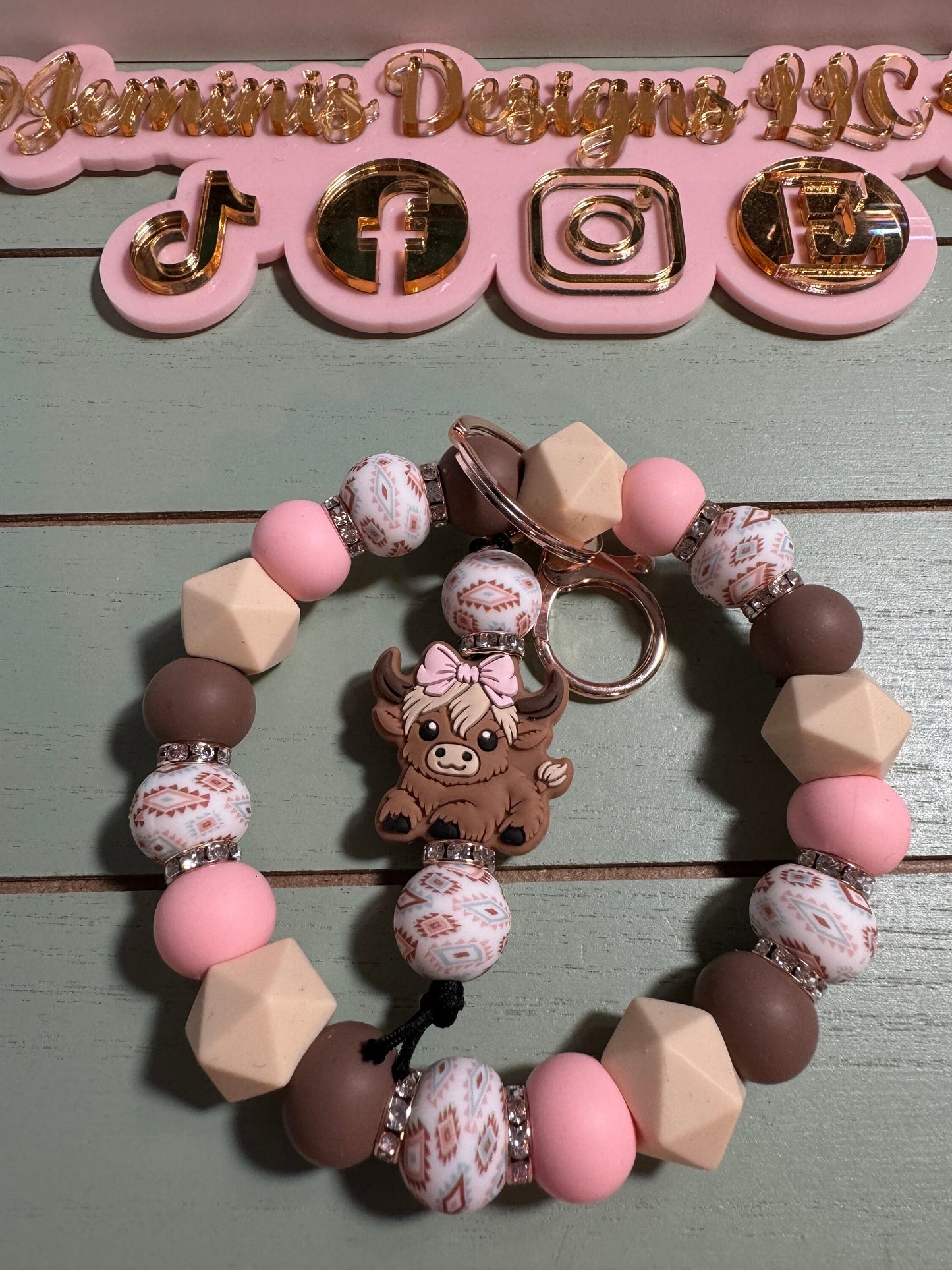 Beaded Bangle Cow/pink/ brown Keychain/ pink cow with bow wristlet Keychain/ Aztec print beads/ lots of bling