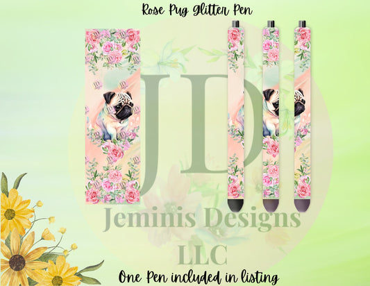 Pug glitter pen wrap pen, pen wrap with Lots of vibrant colors sparkle. Peach & green rose pug pen.  Pug pen wrap pen.  Floral Pug pen