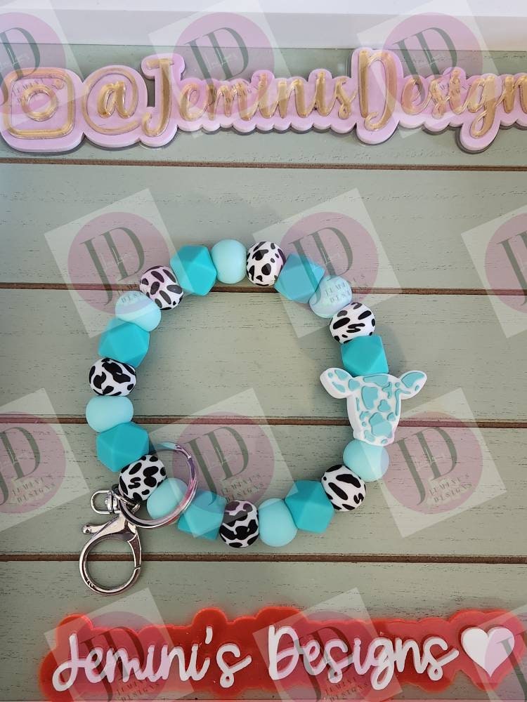 Ready to Ship Beaded Bangle Cow/ teal cow print Keychain/beaded Bangle for her/teal cow wristlet/bangle teal bracelet