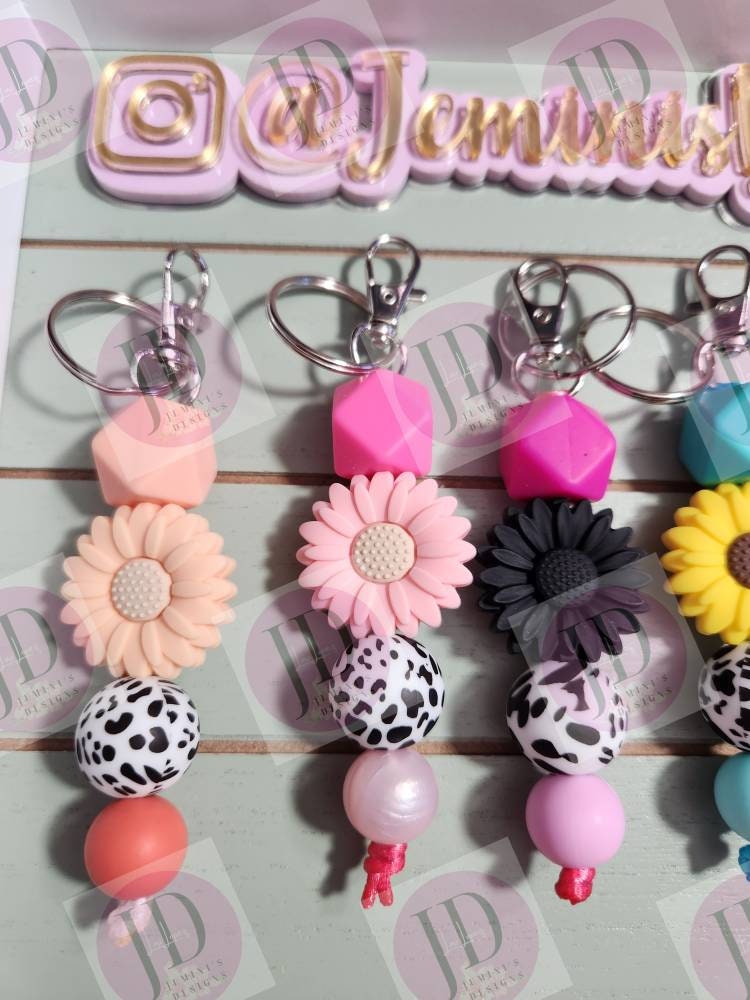 Ready to Ship Adorable Sunflower and cow beaded Keychain/beaded mini Keychain & Sunflower/cow dangle Keychain