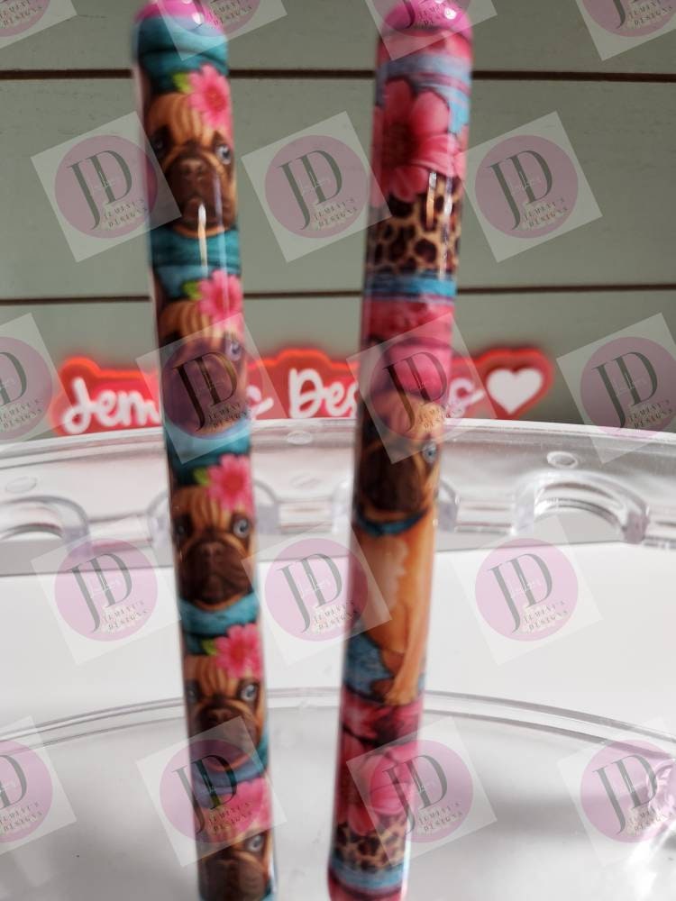 French Bulldog pen wrap pen, pen wrap with Lots of vibrant colors sparkle. Pink French Bulldog pen.  Frenchie pen choice.  No glitter