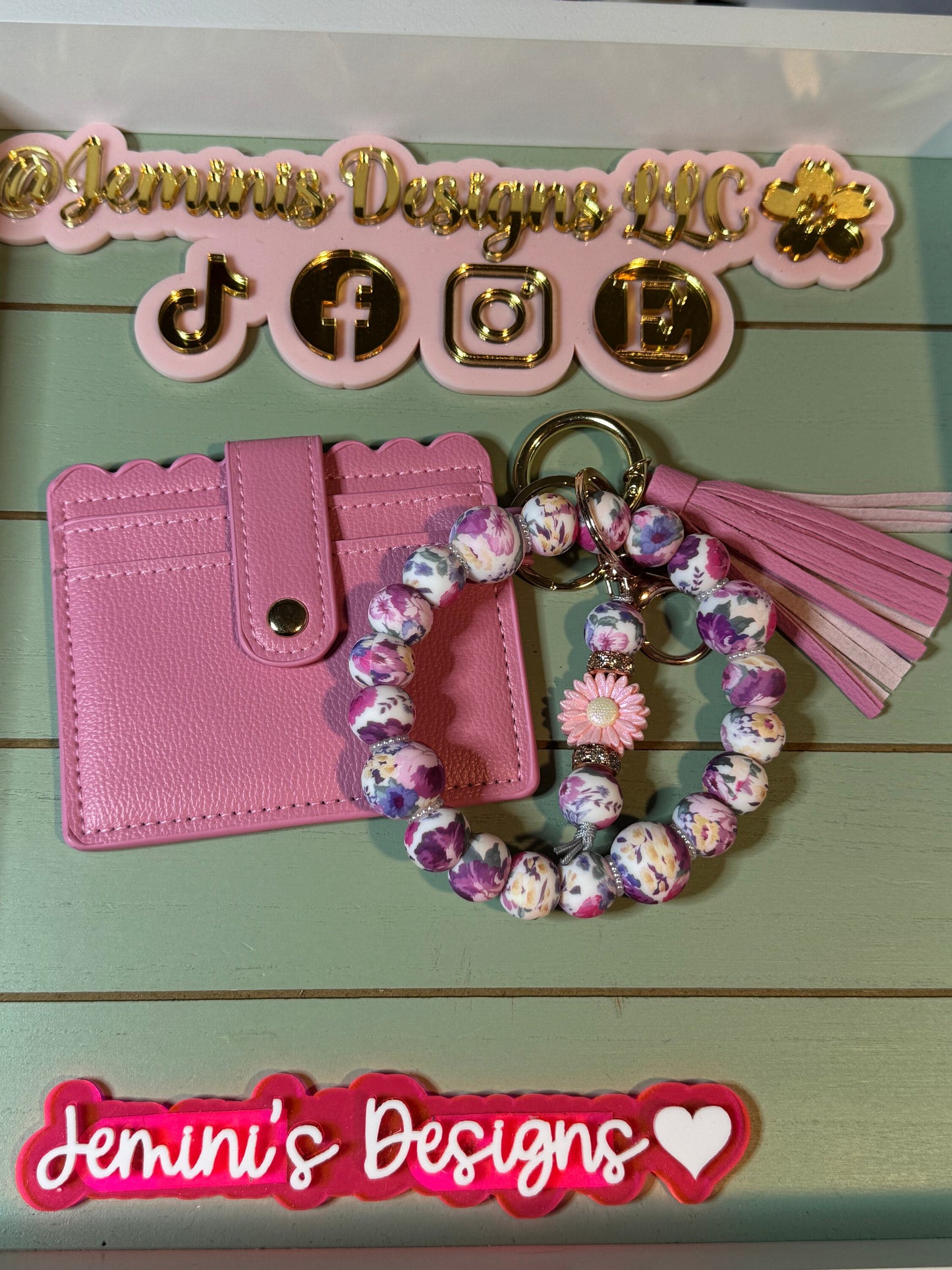 Beaded Bangle pink/ purple floral beaded Bangle for her with wallet/Pink flower Keychain/  bangle bracelet and wallet combo