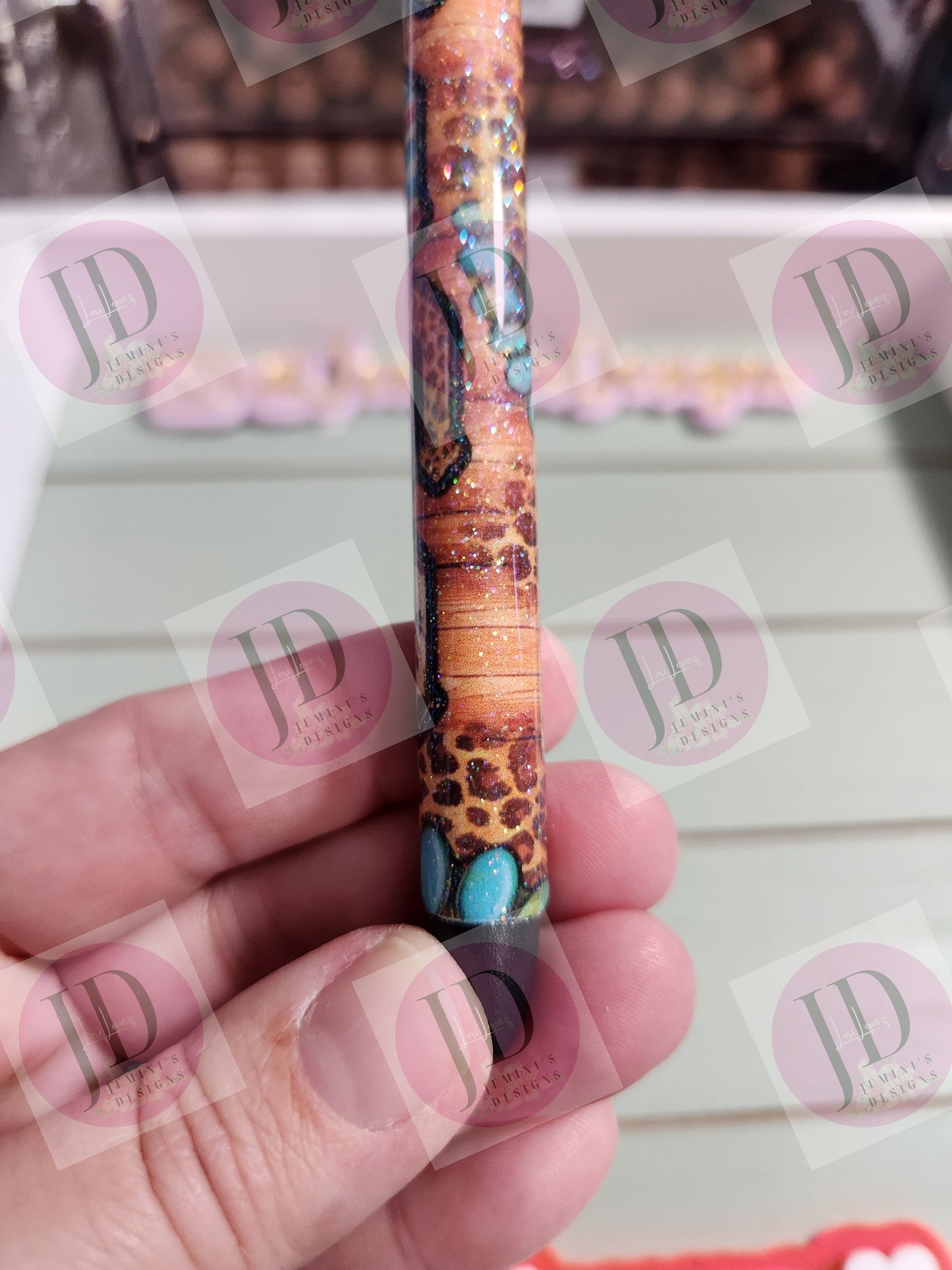 Mama western turquoise/leopard cow pen wrap Glitter pen, pen wrap with Lots of vibrant colors sparkle.   Gorgeous glitter pen