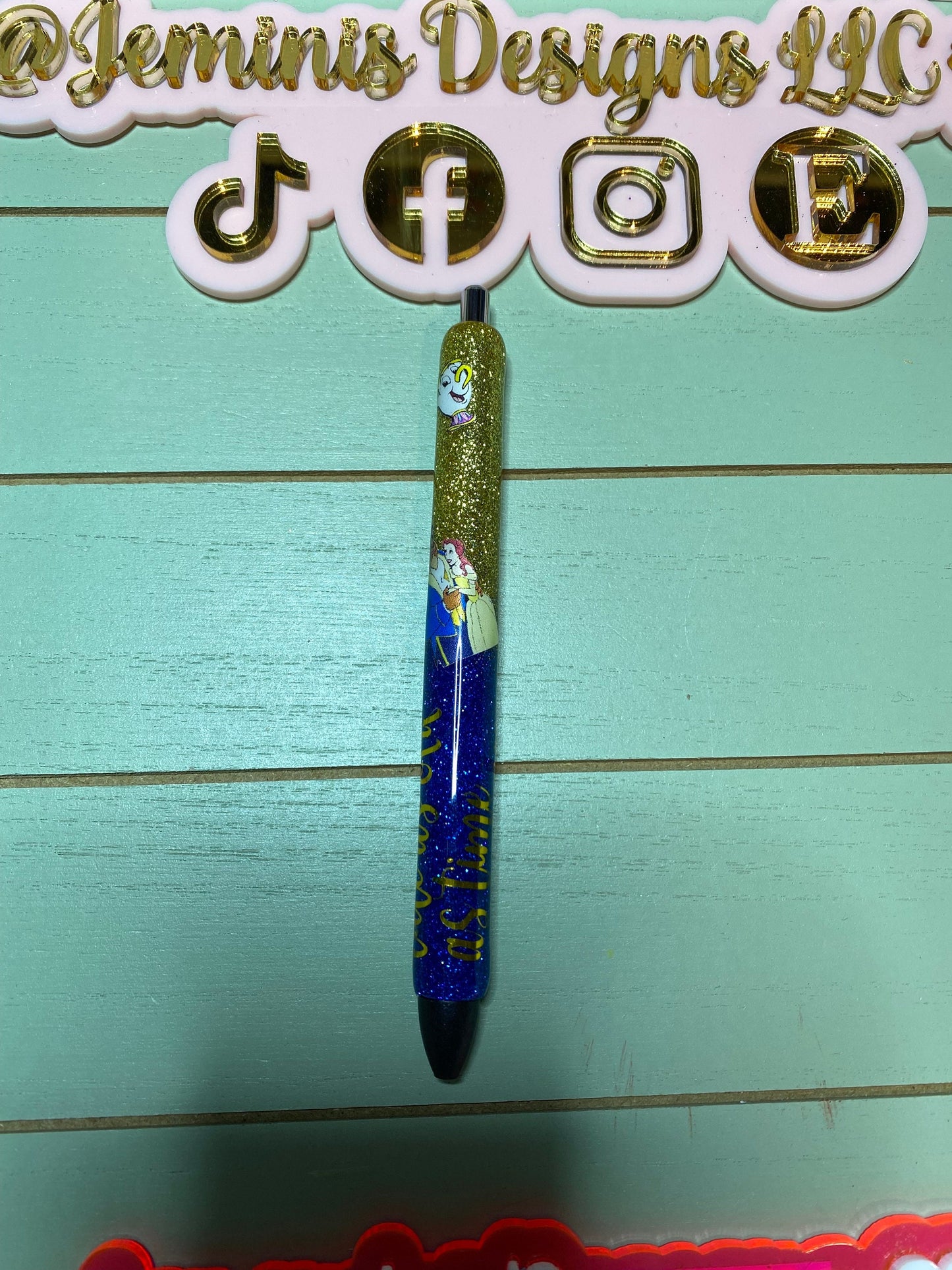 Glitter Gel character blue & Gold Tale as old as time pen.  Glitter pen Girl and  magical characters pen