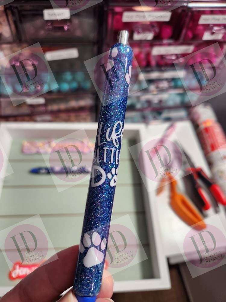 Peace.Love.Dogs or life is better with dogs Glitter Pens/Dog print glitter pens/Blue dog glitter pens