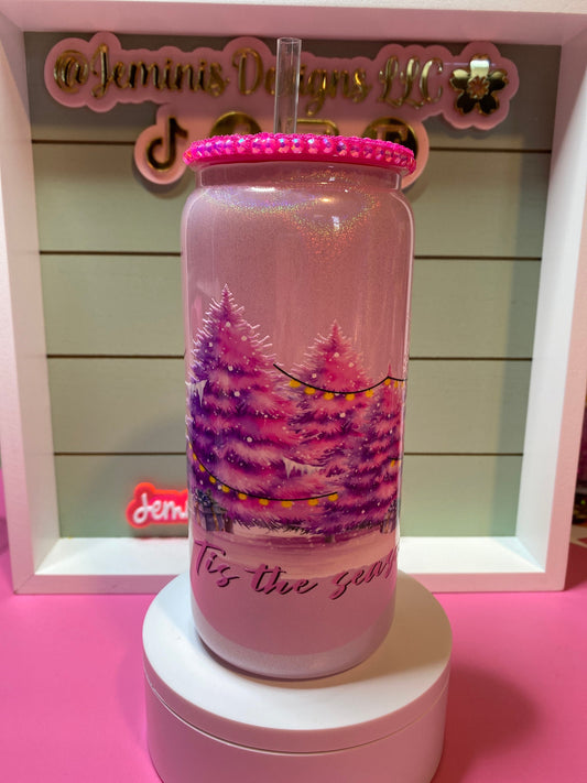 Pink shimmer Christmas tree Tis the season to sparkle /20 oz pink shimmer glass w/ bamboo lid & plastic bling lid