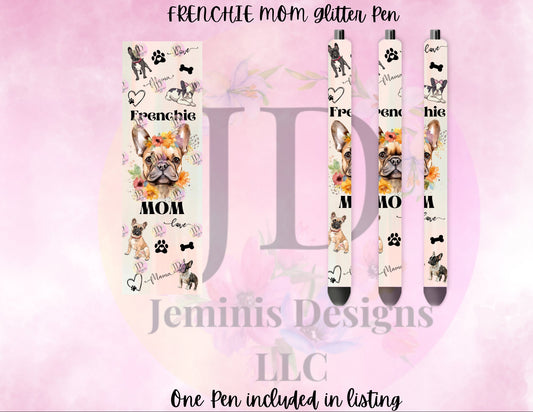 French Bulldog mom glitter pen wrap pen, pen wrap with Lots of vibrant colors sparkle. Pink French Bulldog pen.  Frenchie pen choice.