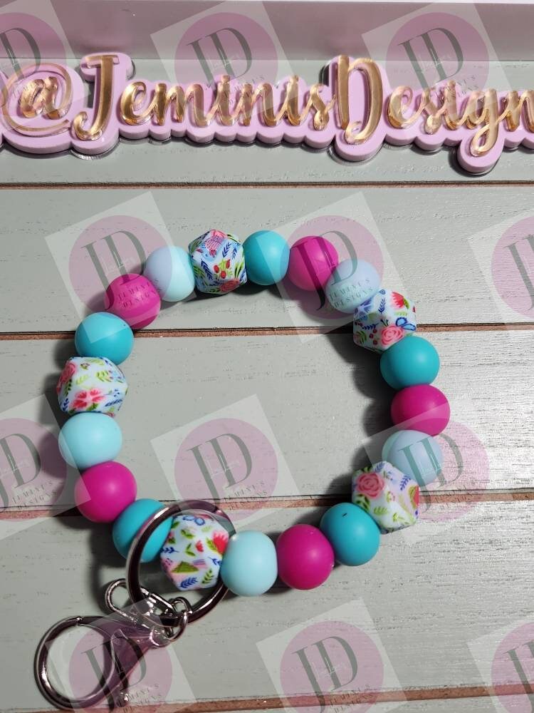 Beaded Bangle floral teal & pink print Keychain/beaded Bangle for her/teal and pink flower wristlet/bangle