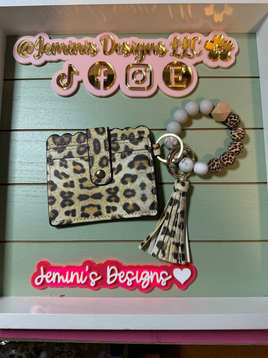 Stretchy/Elastic Beaded leopard, animal print brown marble Keychain and wallet /beaded Stretchy Bangle  wristlet/bangle wallet keychain