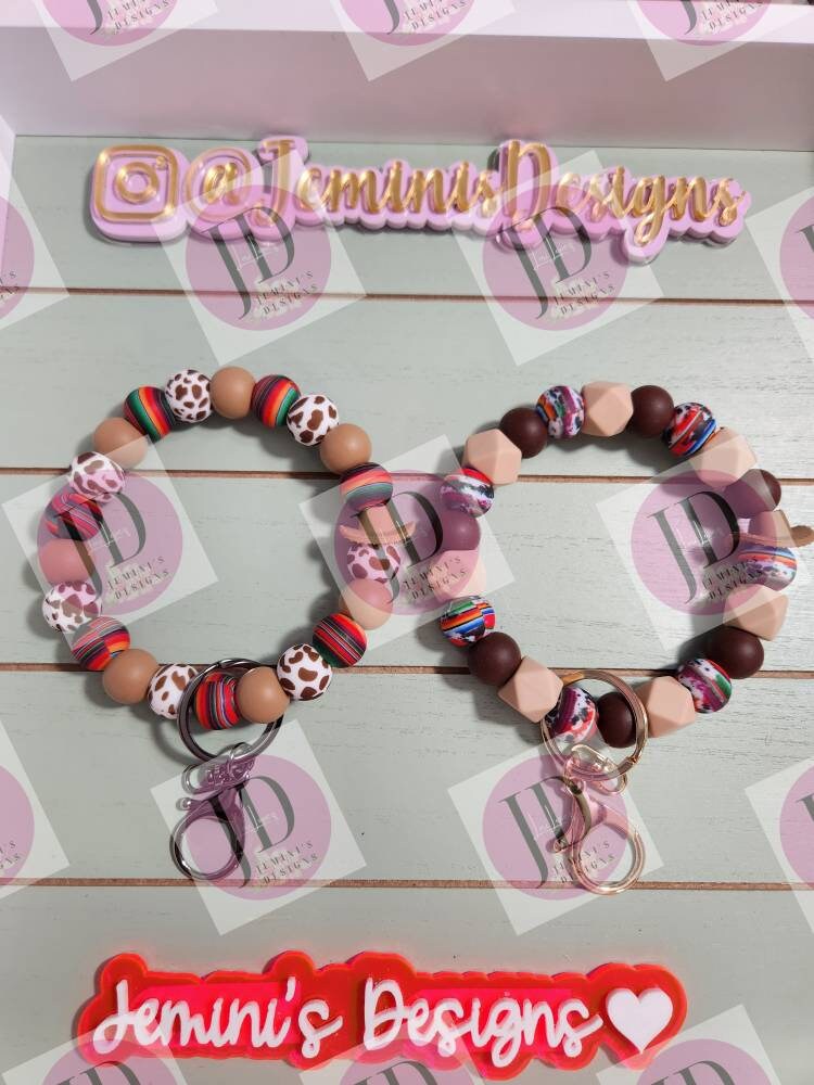 Serape Beaded Bangle Cow print wristlet/serape print Keychain/beaded Bangle for her/brown serape cow wristlet Bangle bracelet