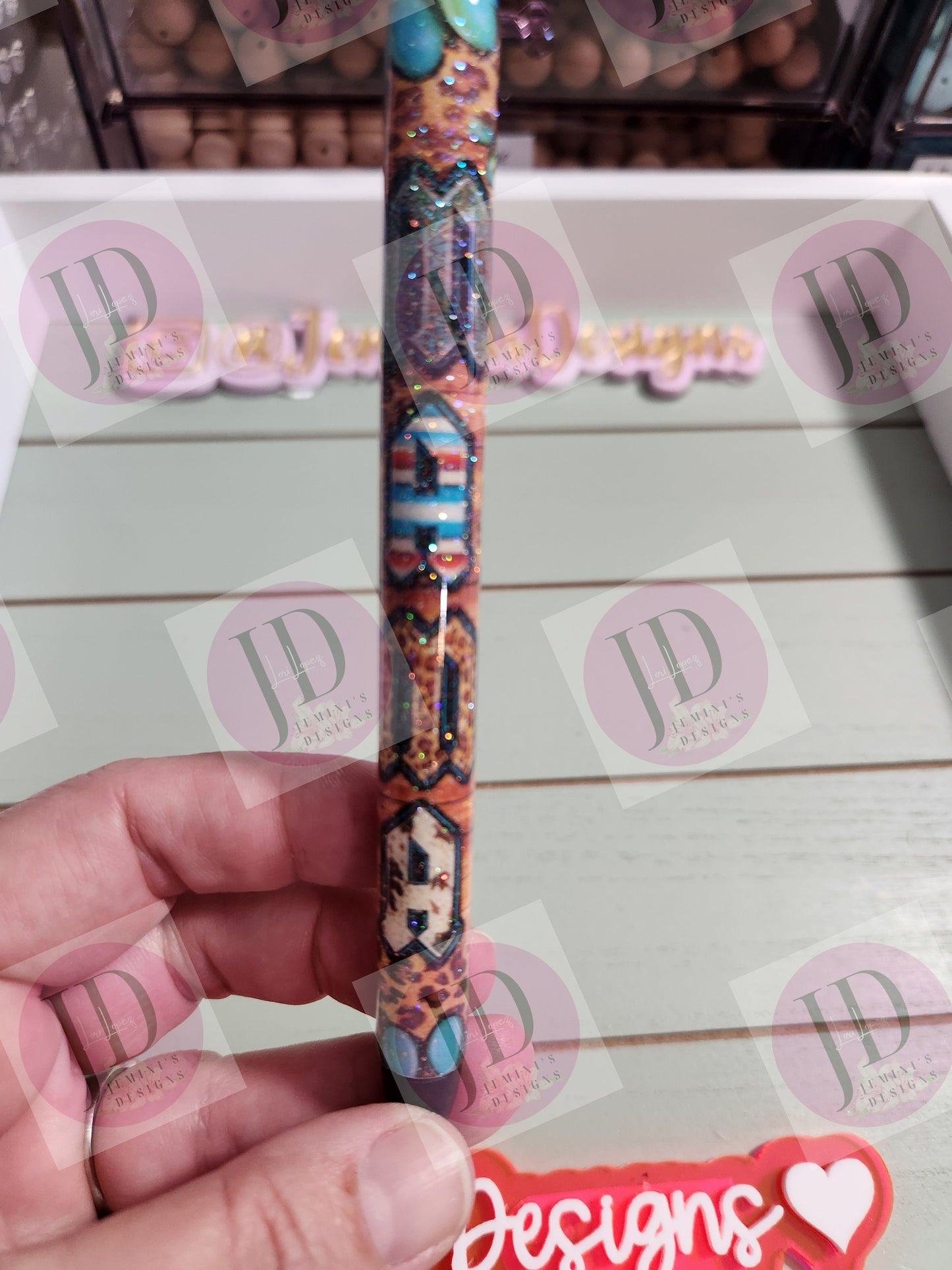 Mama western turquoise/leopard cow pen wrap Glitter pen, pen wrap with Lots of vibrant colors sparkle.   Gorgeous glitter pen