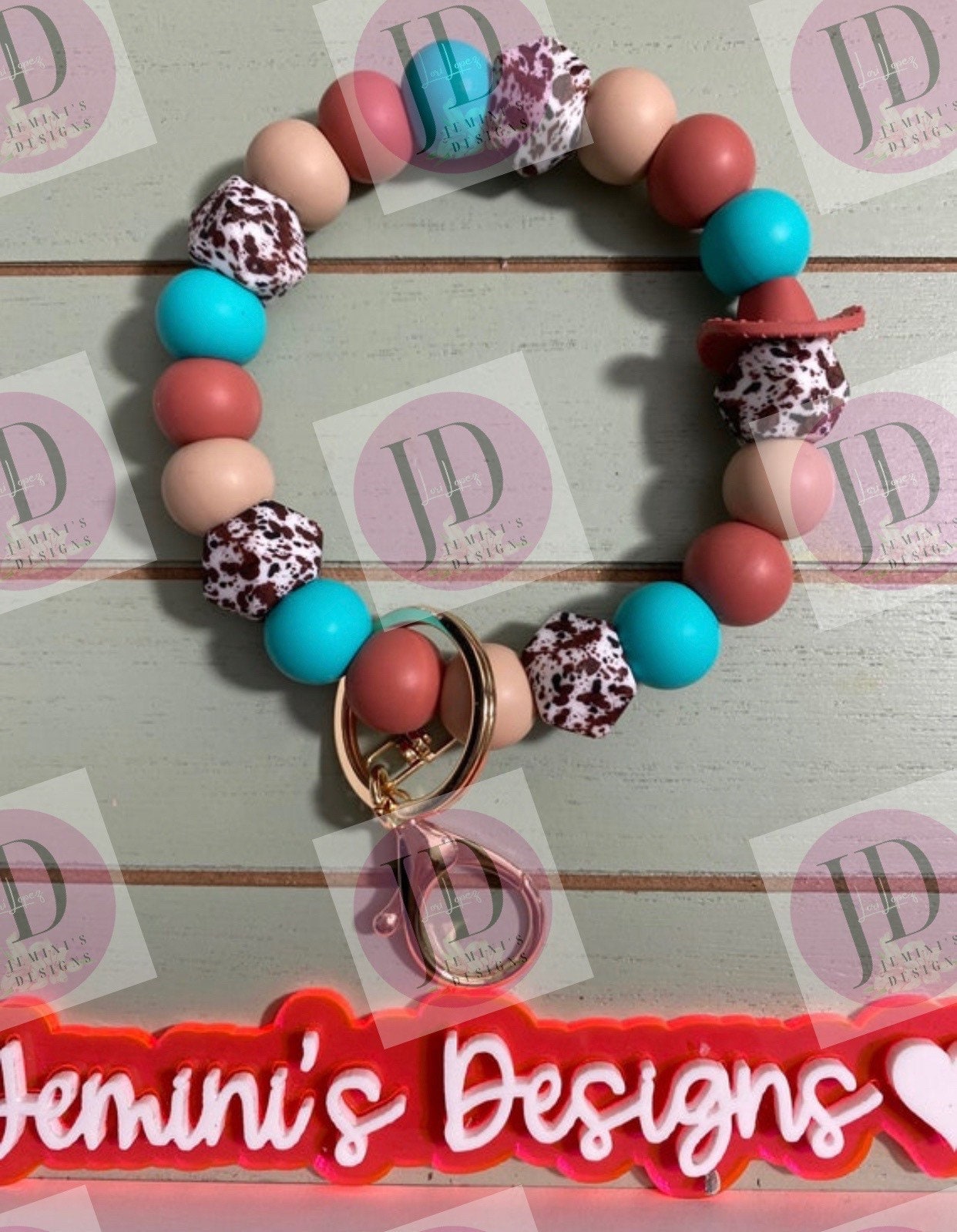 Western Beaded Bangle Cowboy hat light teal or dark teal & brown cow print Keychain/beaded Bangle for her/teal and brown cowboy wristlet