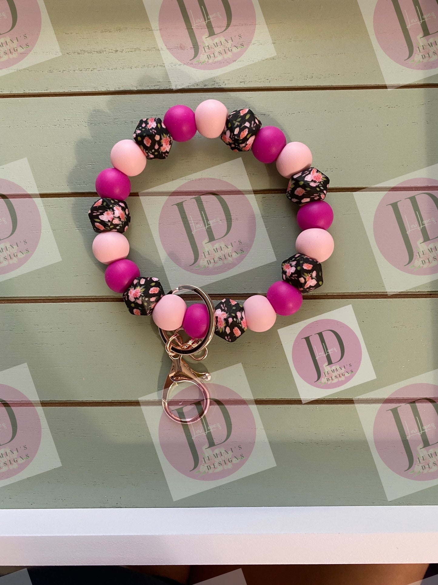 Ready to Ship Beaded Bangle floral black & pink print Keychain/beaded Bangle for her/pink floral wristlet/bangle black and pink bracelet