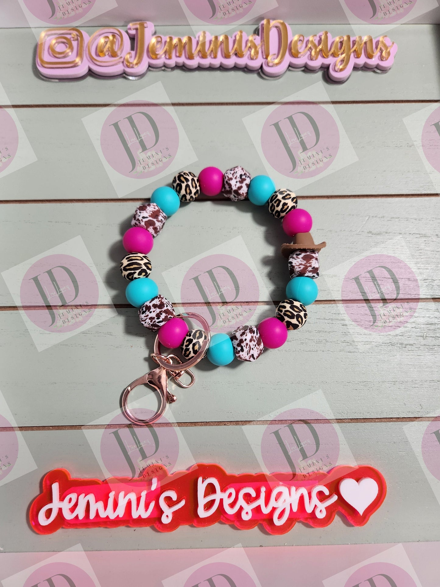 Beaded Bangle Cowboy hat turquoise & pink cow and leopard print Keychain/beaded Bangle for her/turquoise and pink cowboy wristlet/bangle